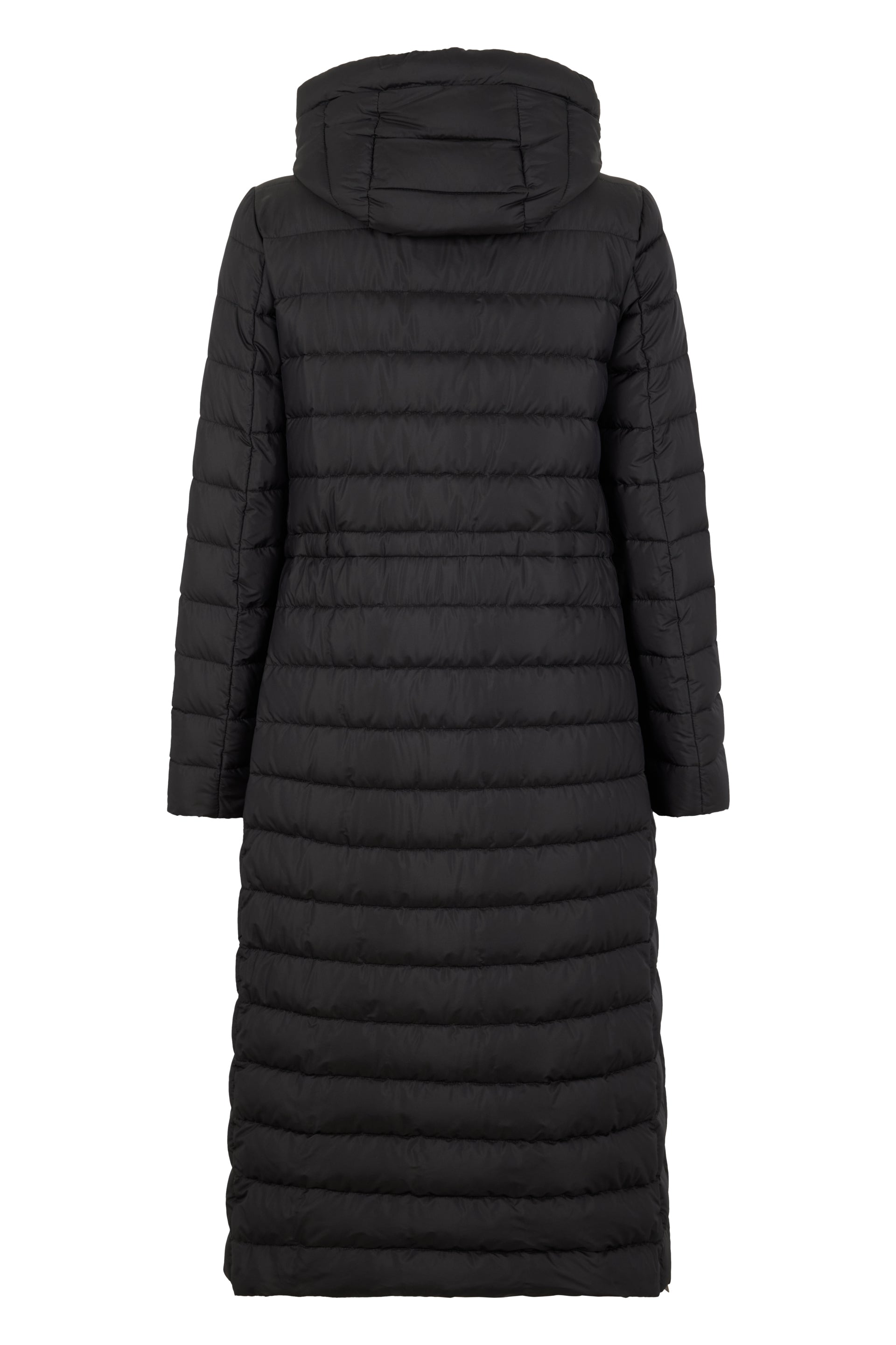 Long black quilted jacket with hood