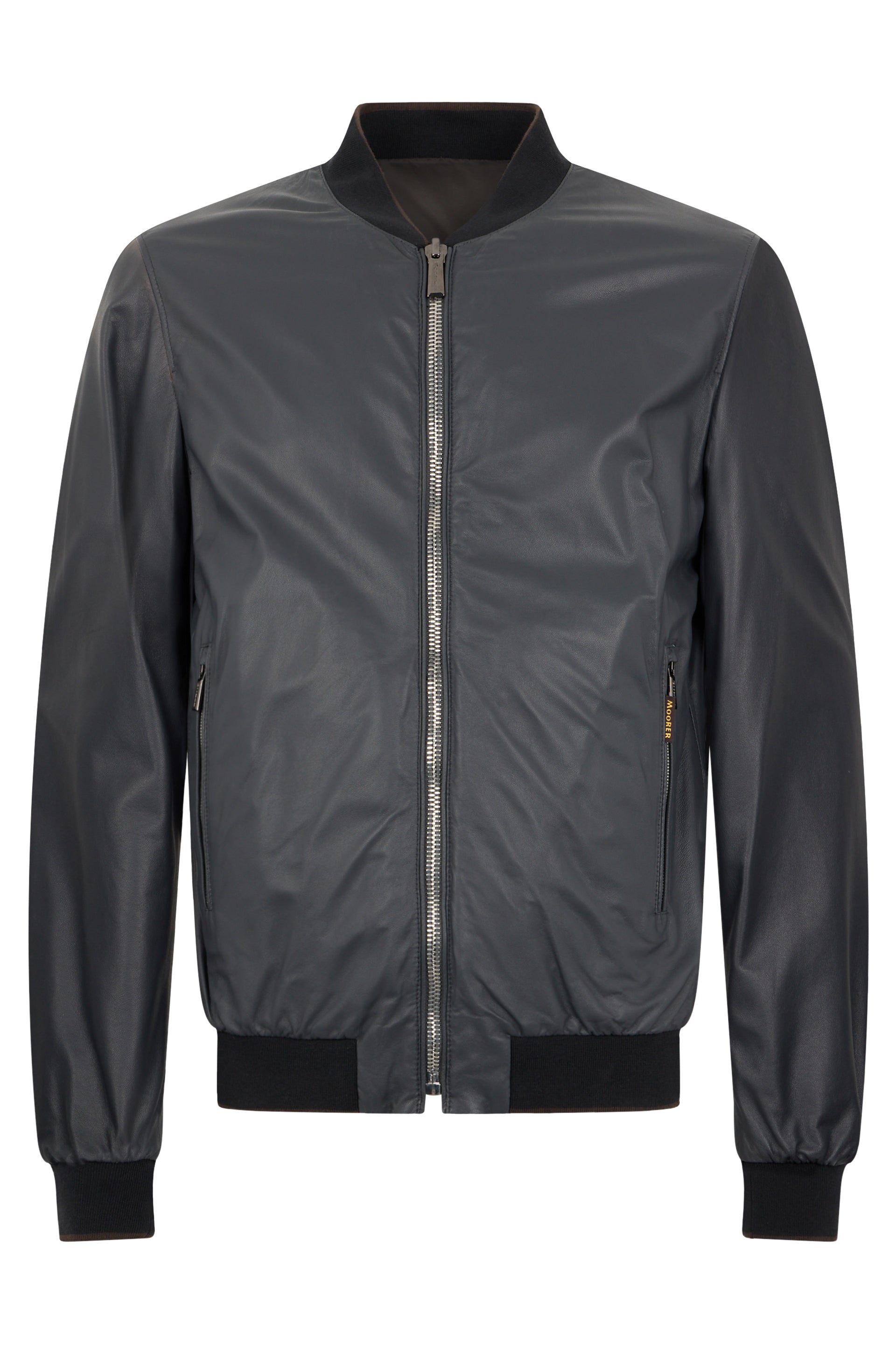 Gray leather jacket with zipper and pockets.
