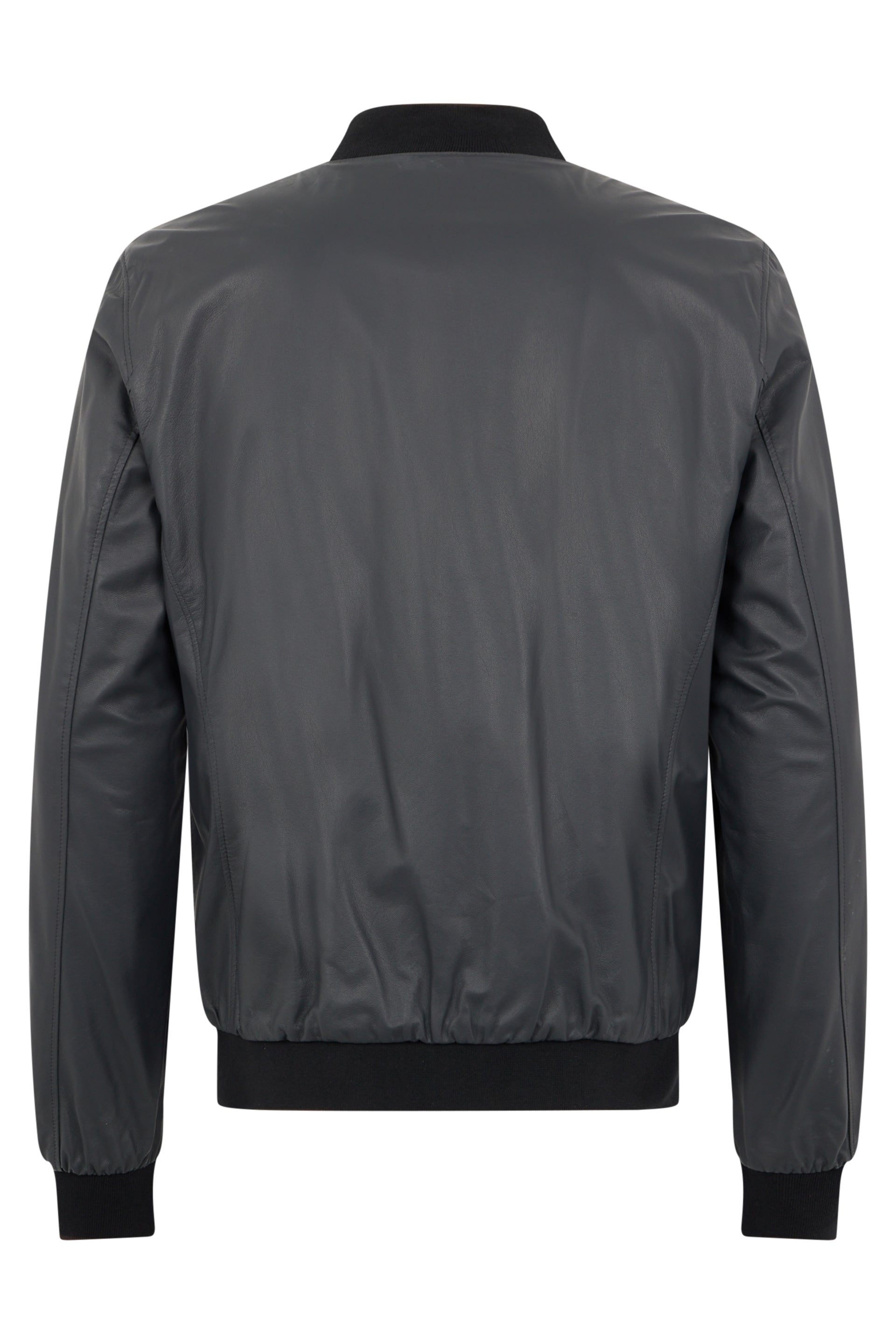 Gray leather jacket with zipper and pockets.