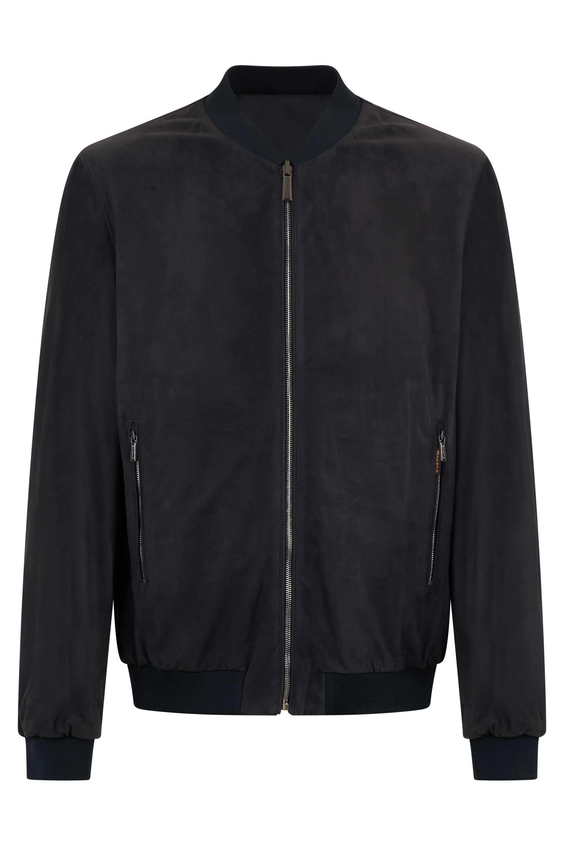 Leather jacket in dark blue color with zipper.