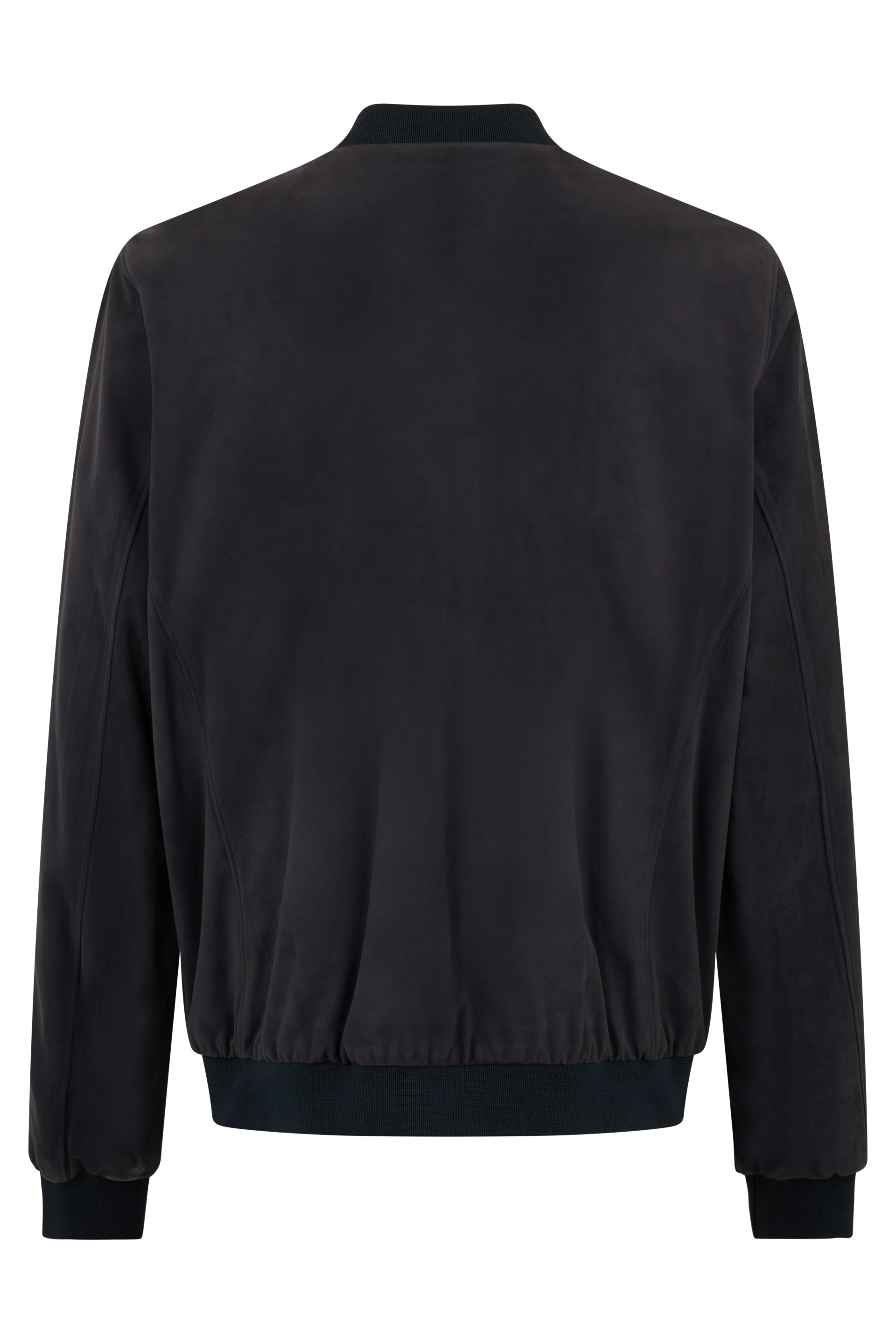 Leather jacket in dark blue color with zipper.