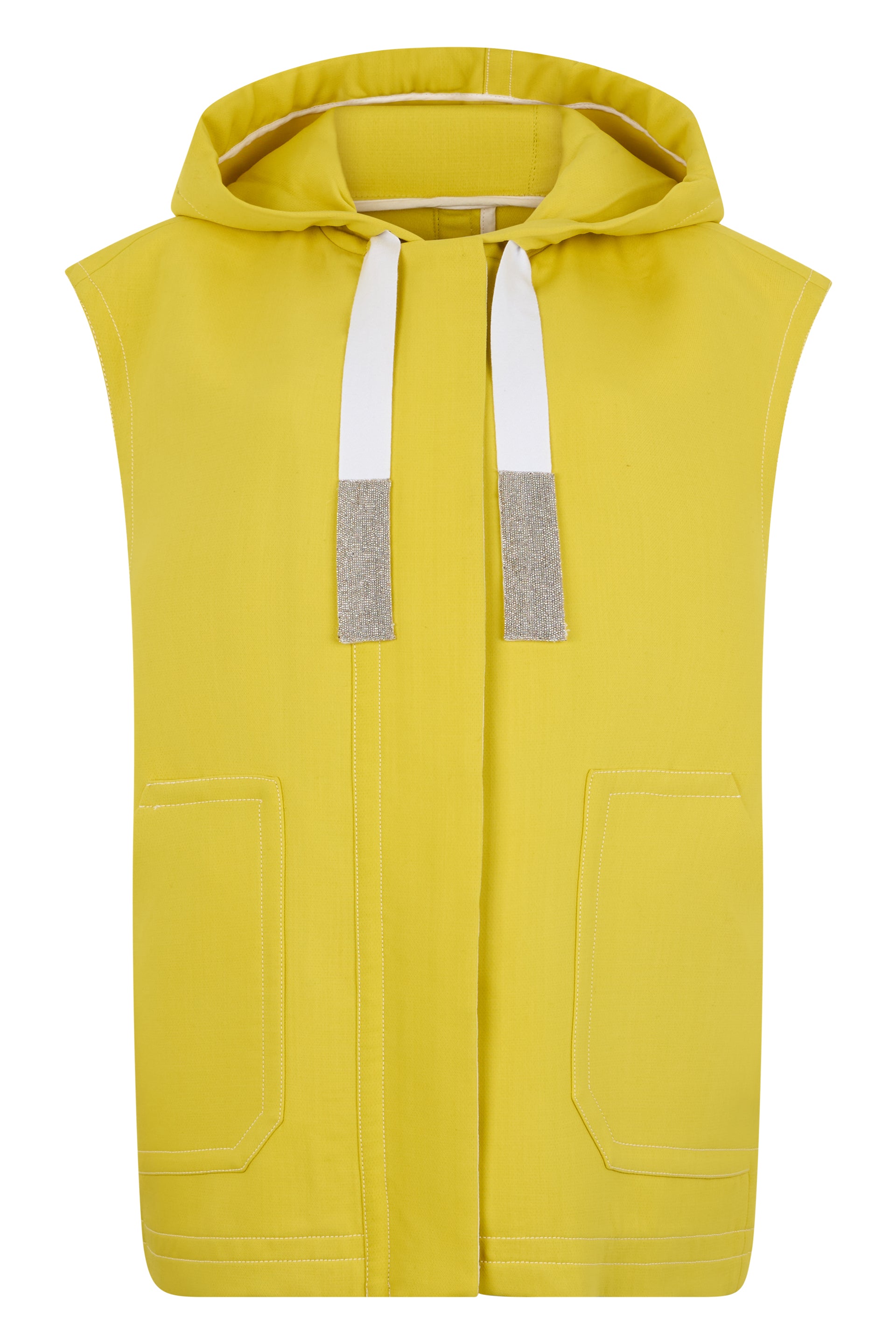 Mustard yellow sleeveless vest with hood.