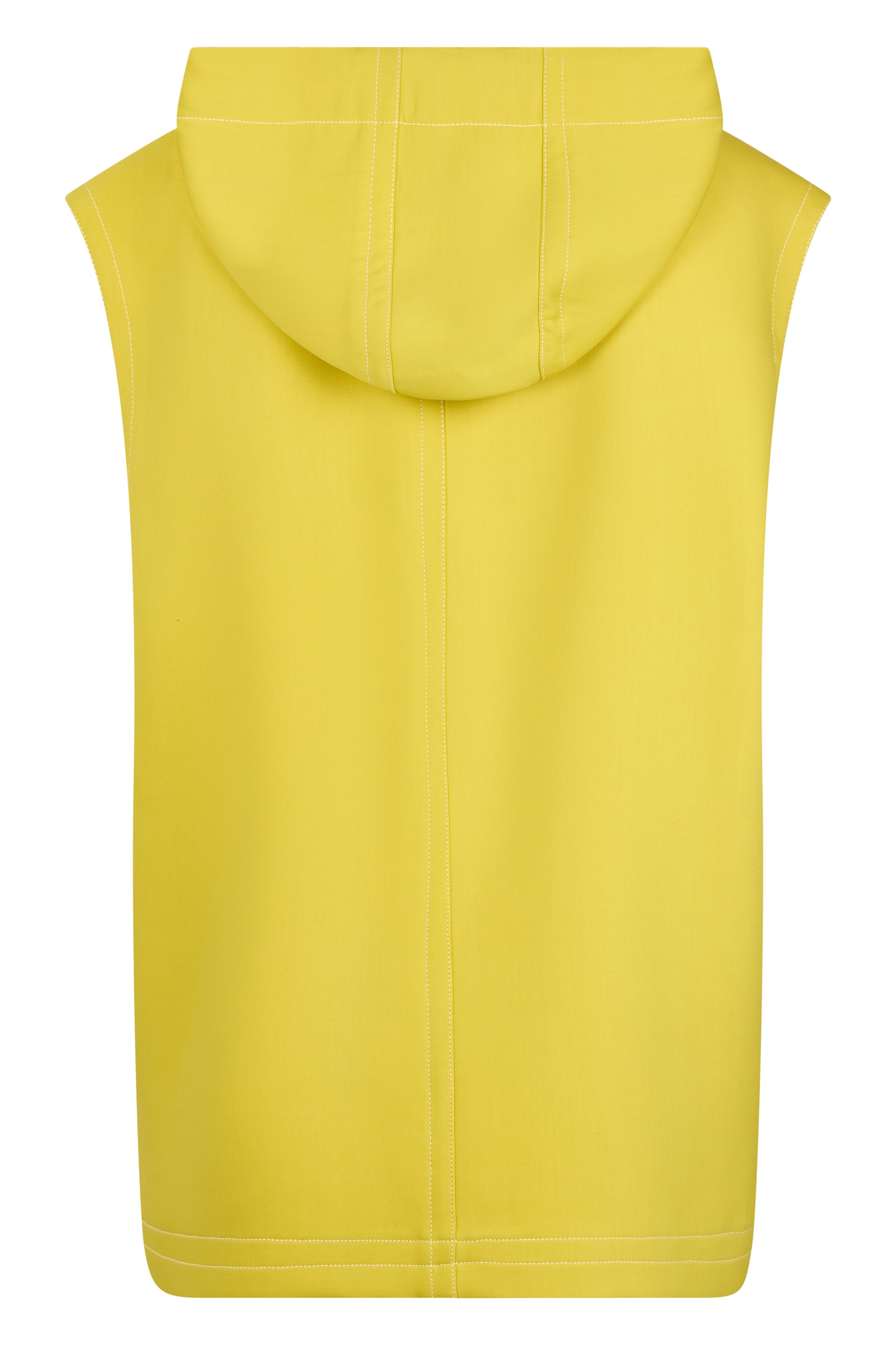 Mustard yellow sleeveless vest with hood.
