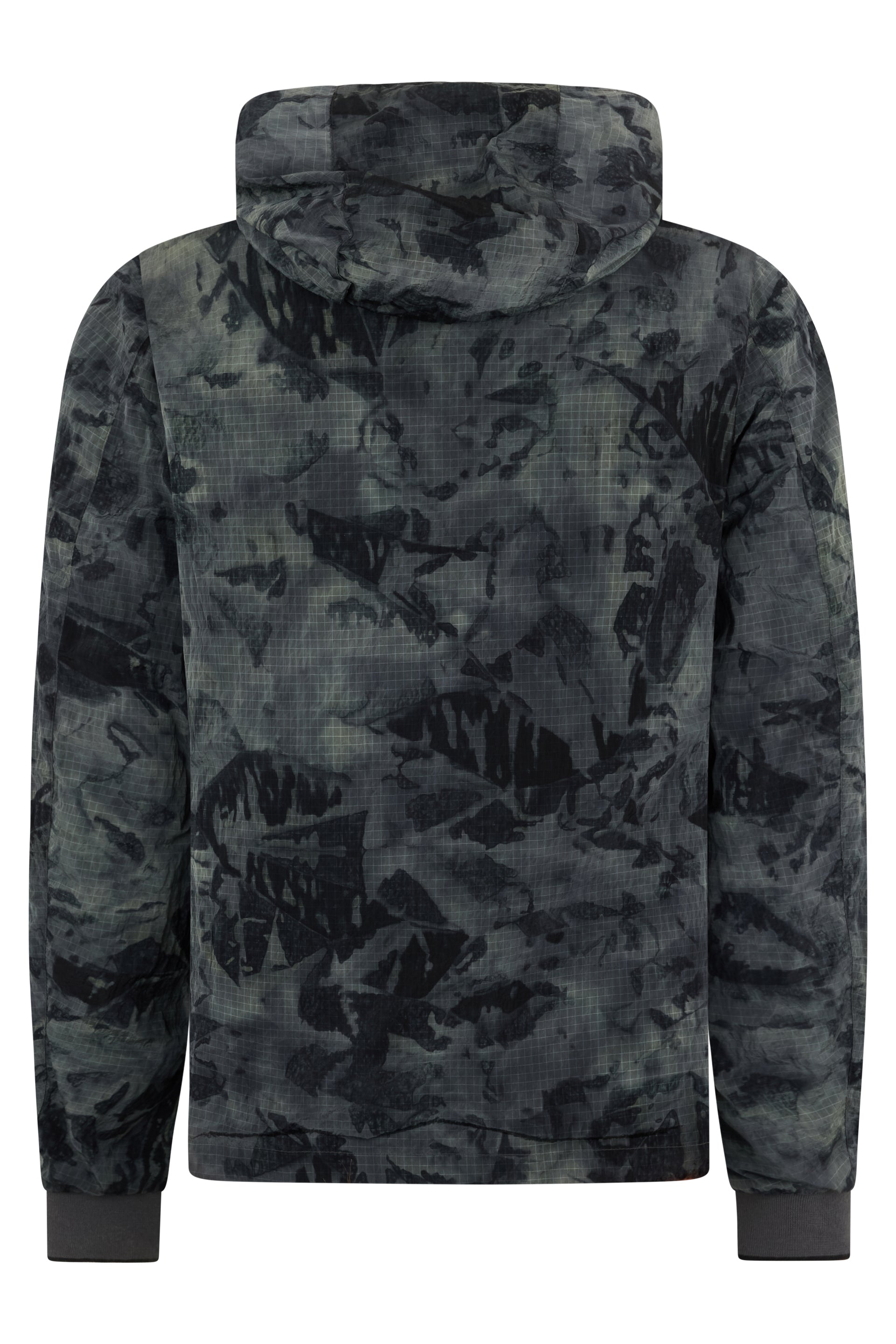 Lightweight waterproof jacket with gray camouflage hood