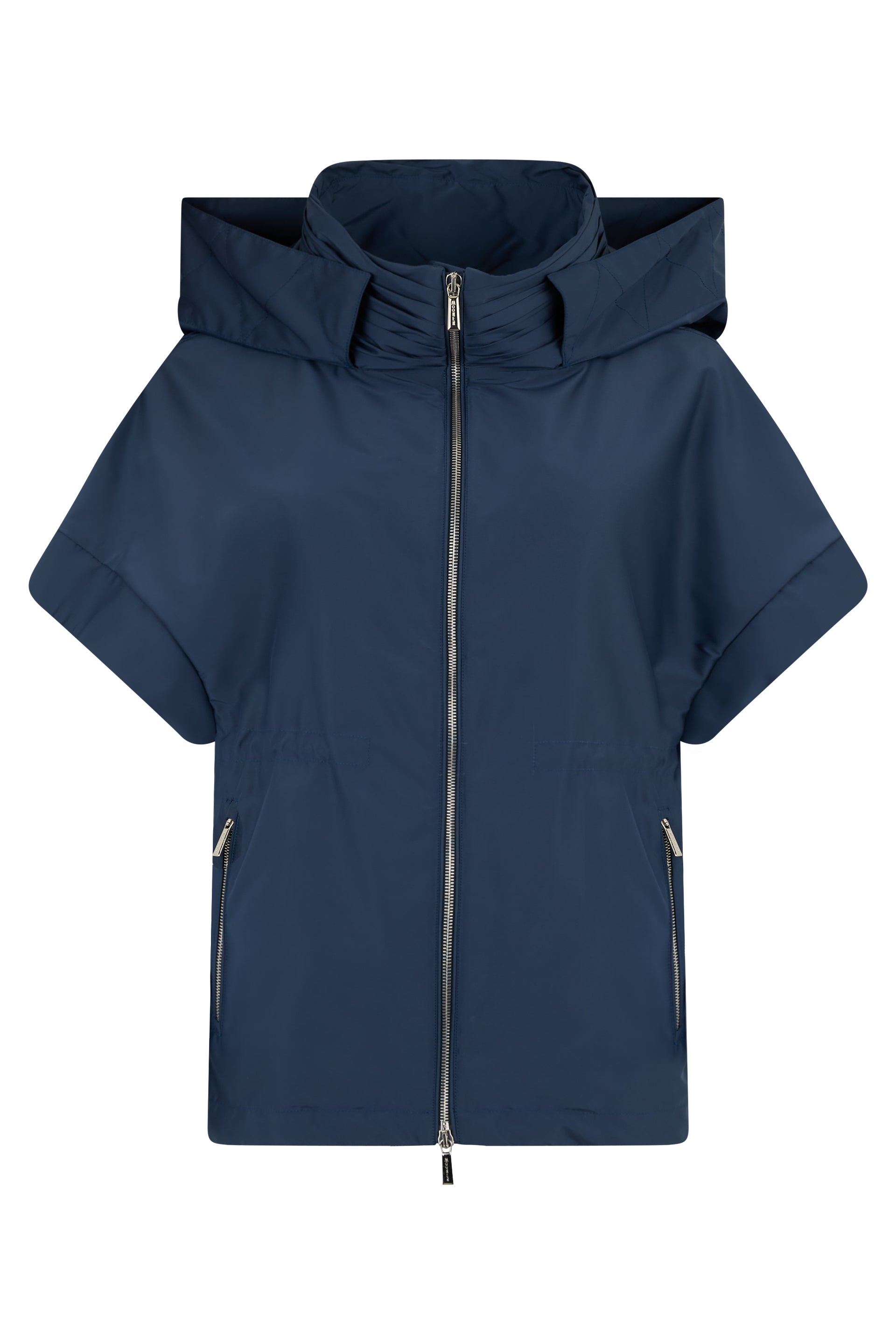 Light blue dark jacket with hood and short sleeves.