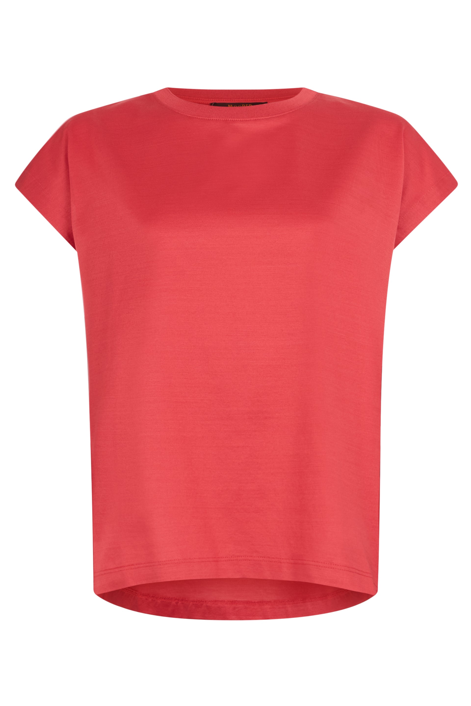 Modern red T-shirt with round neck.