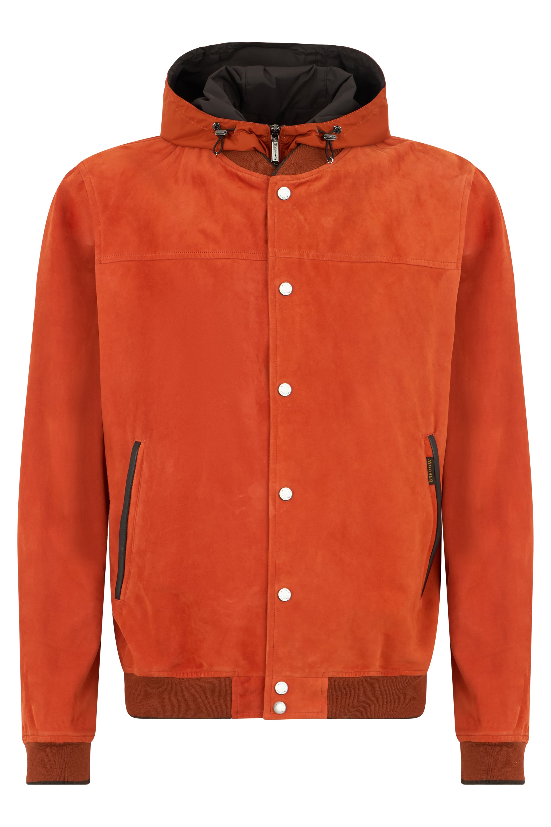 Orange leather jacket with hood, casual and versatile