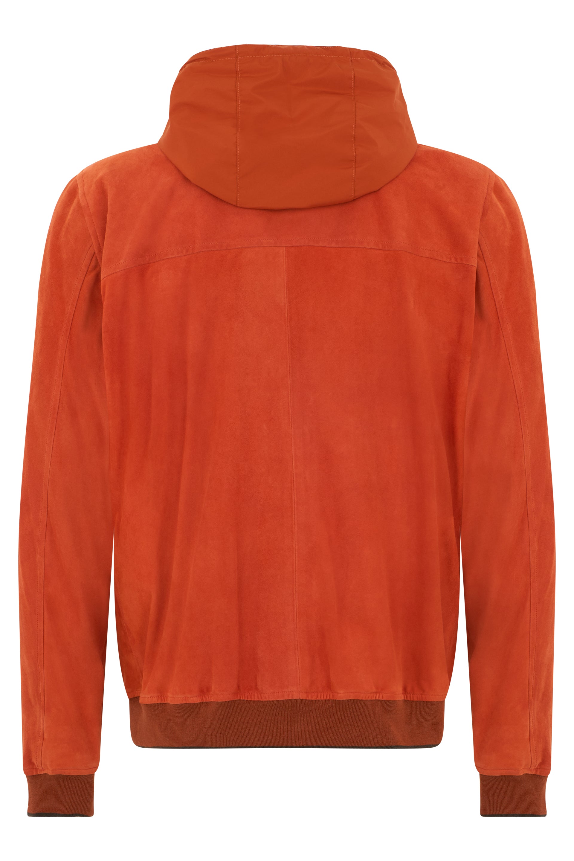Orange leather jacket with hood, casual and versatile