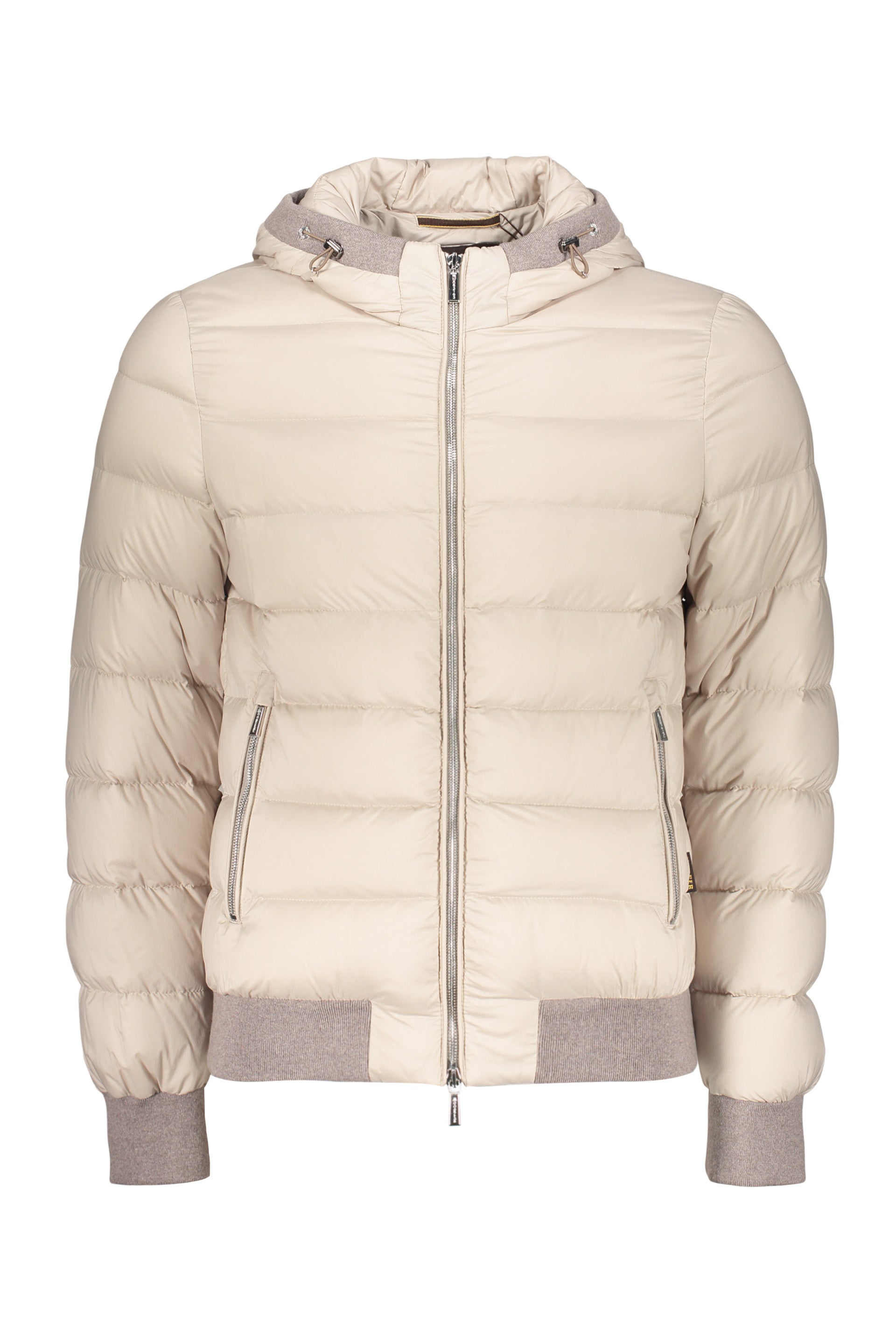 Beige padded bomber jacket with an elegant hood