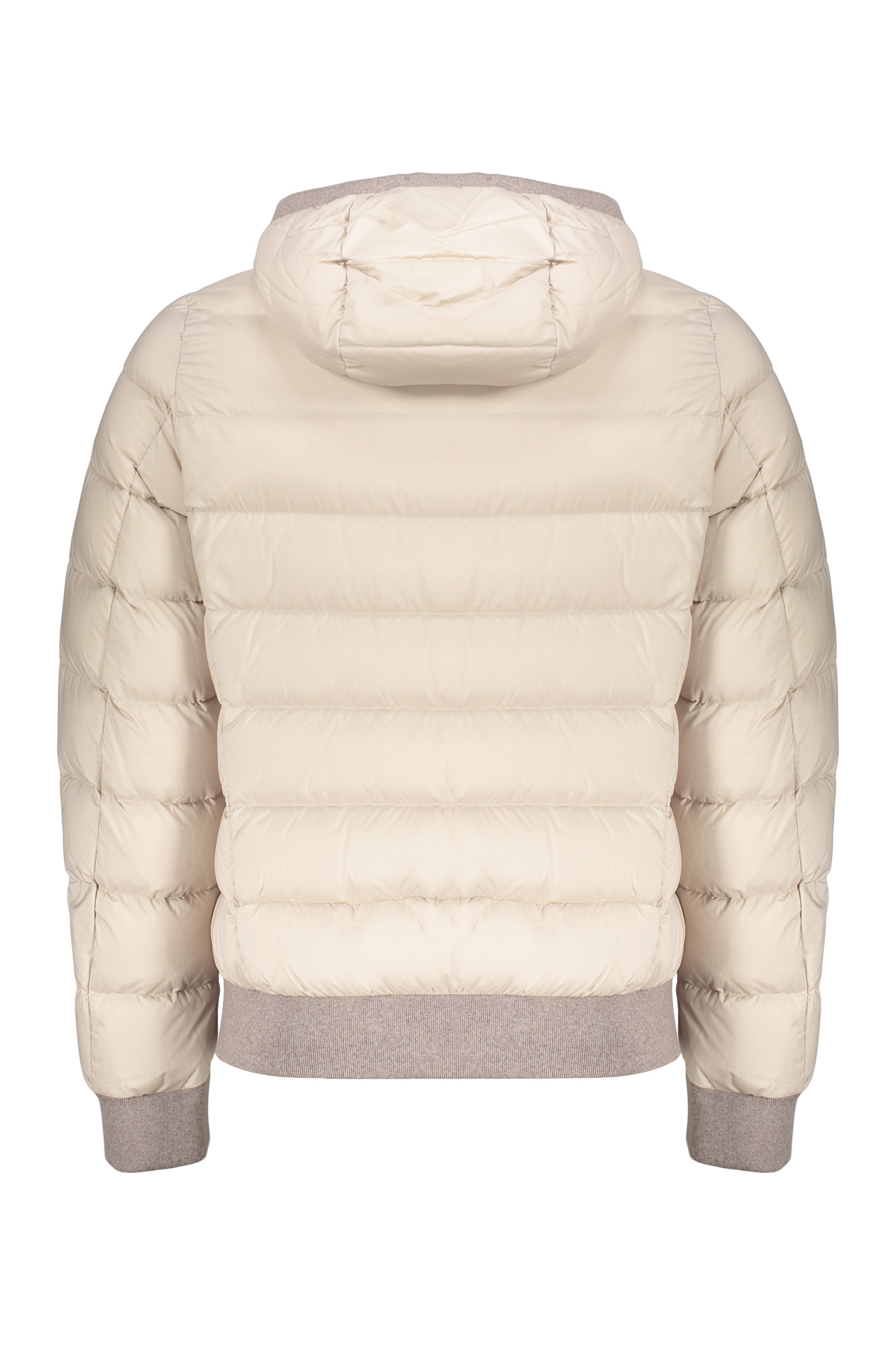 Beige padded bomber jacket with an elegant hood
