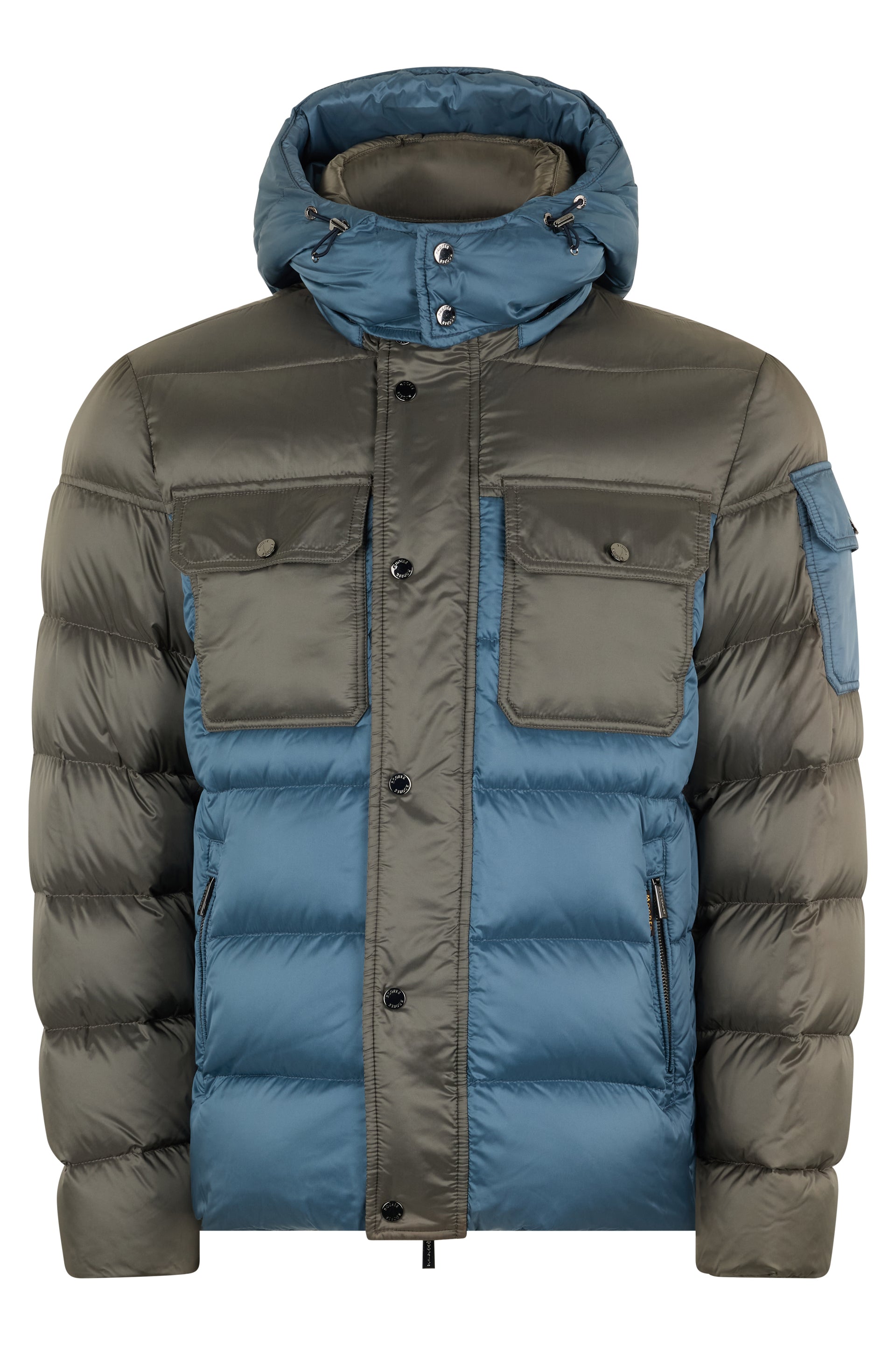 Green and blue padded jacket with hood