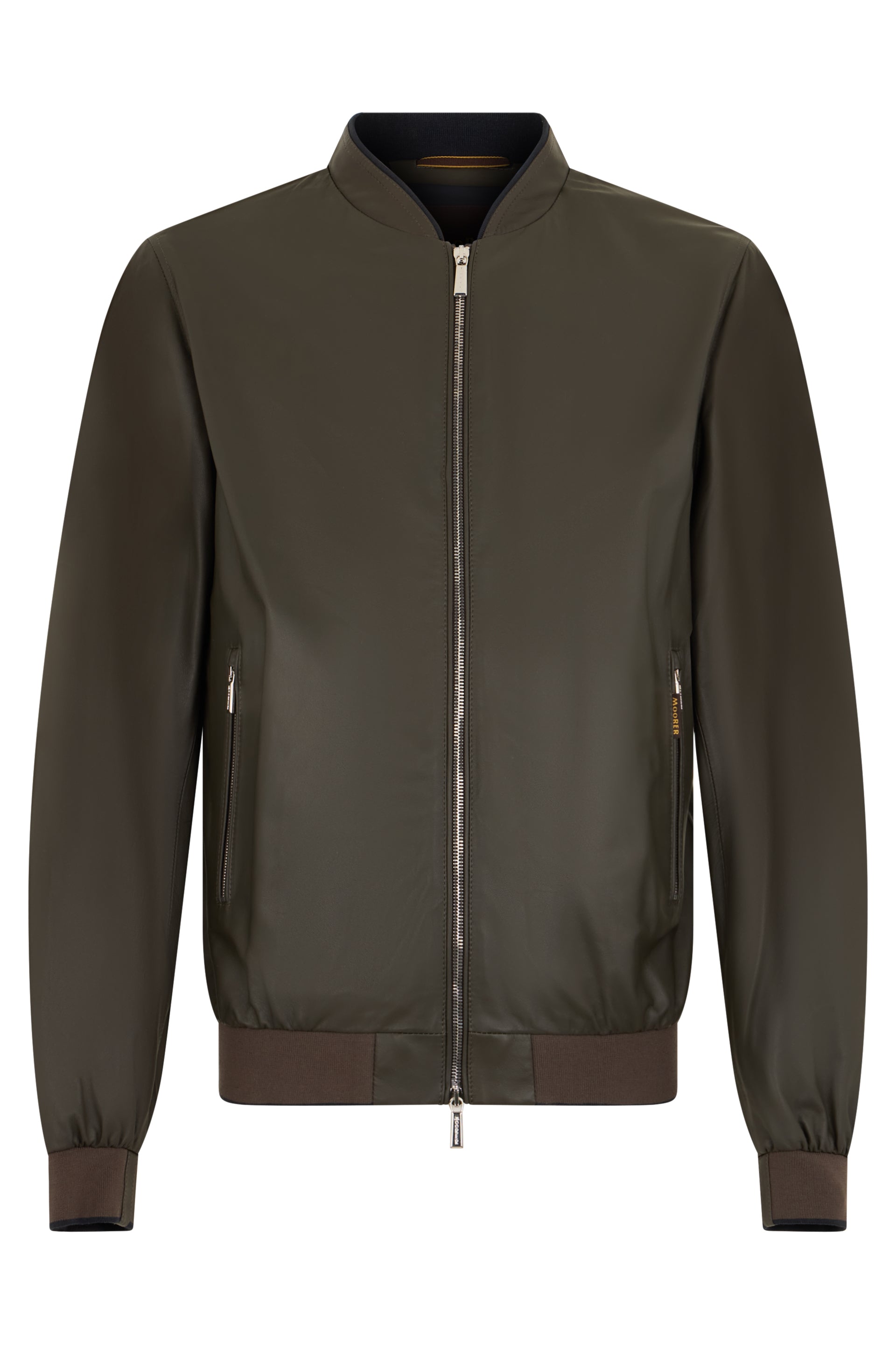 Modern leather bomber jacket in brown color
