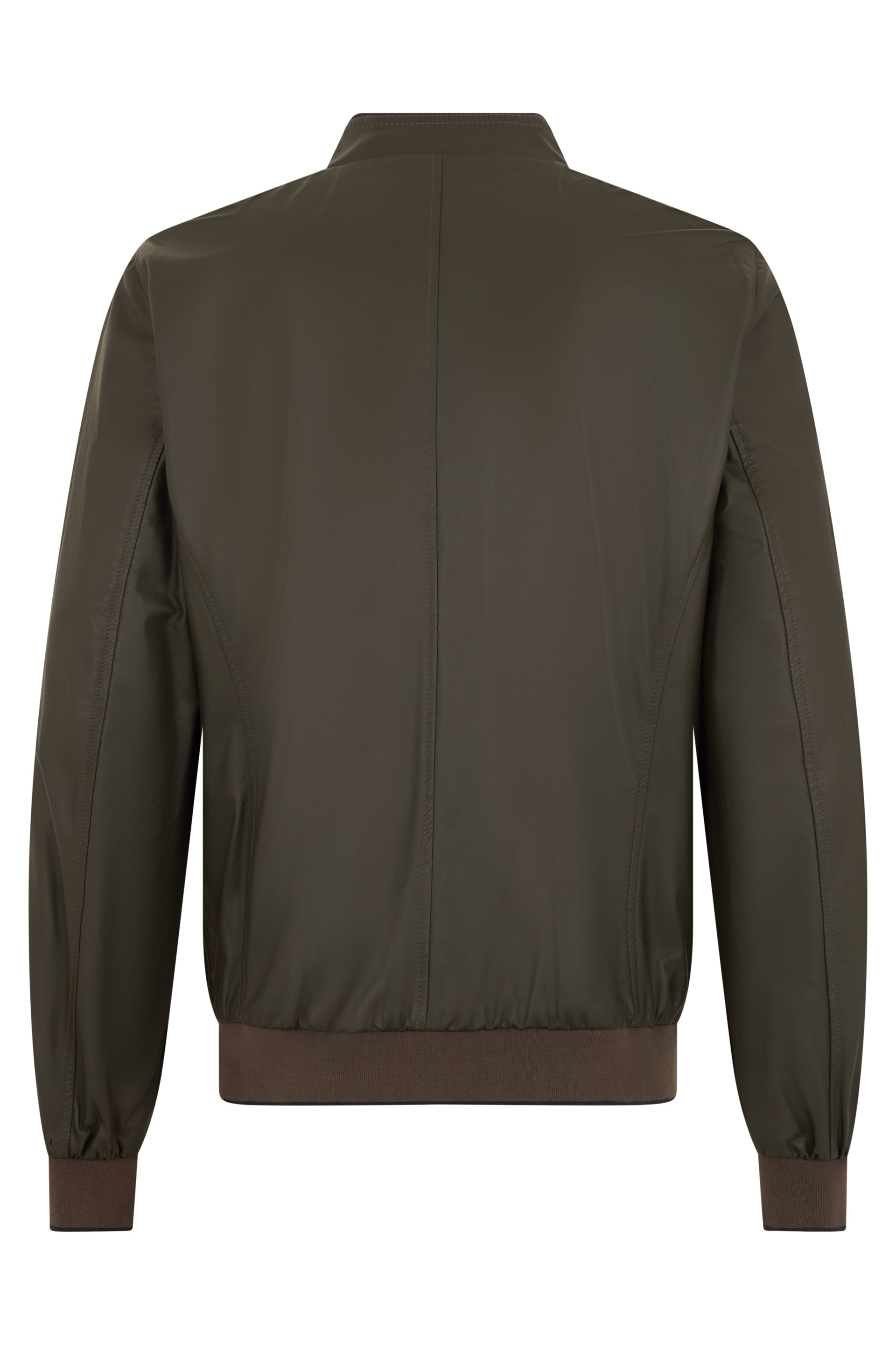 Modern leather bomber jacket in brown color