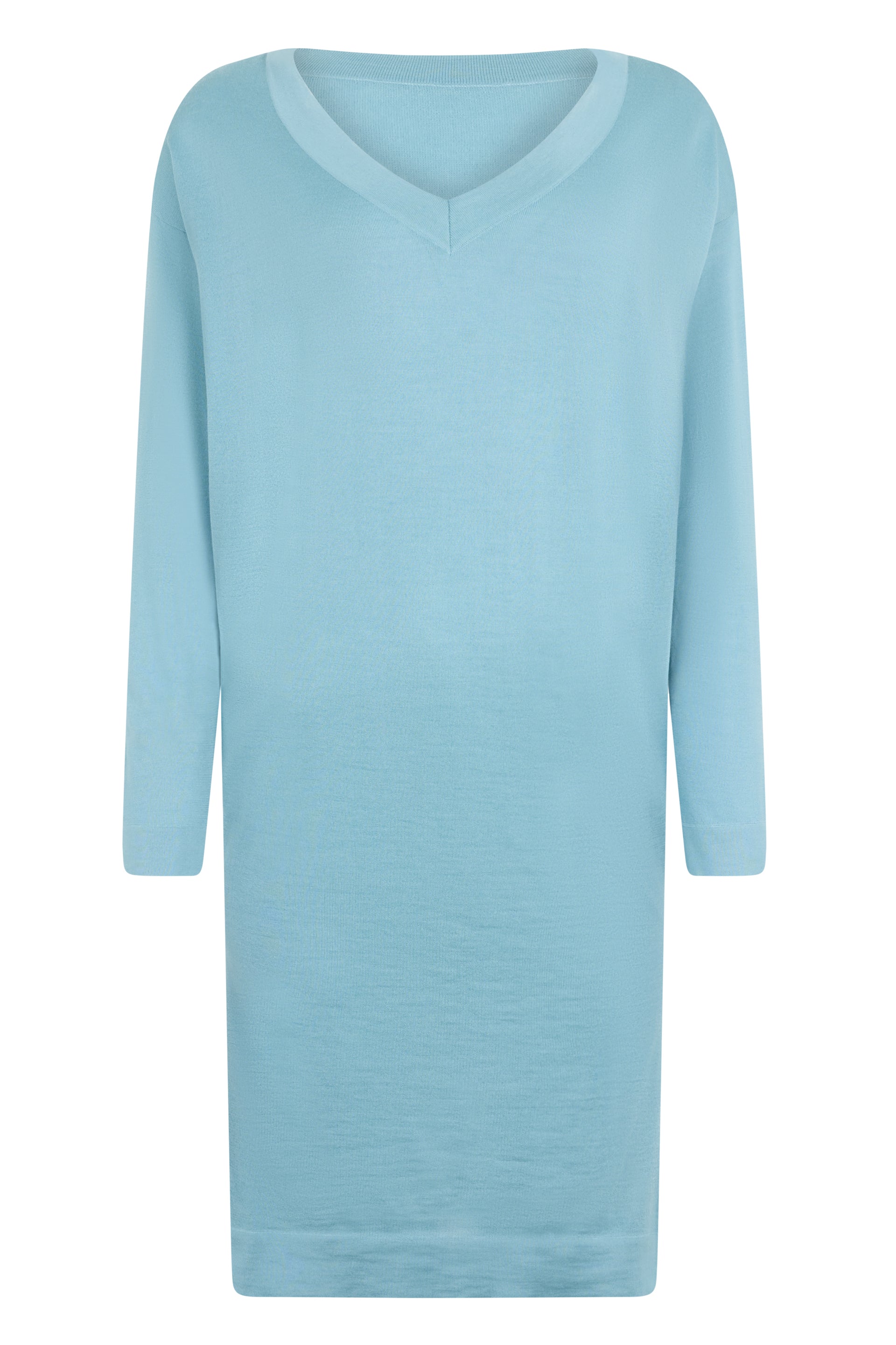 Blue midi dress with V-neck.