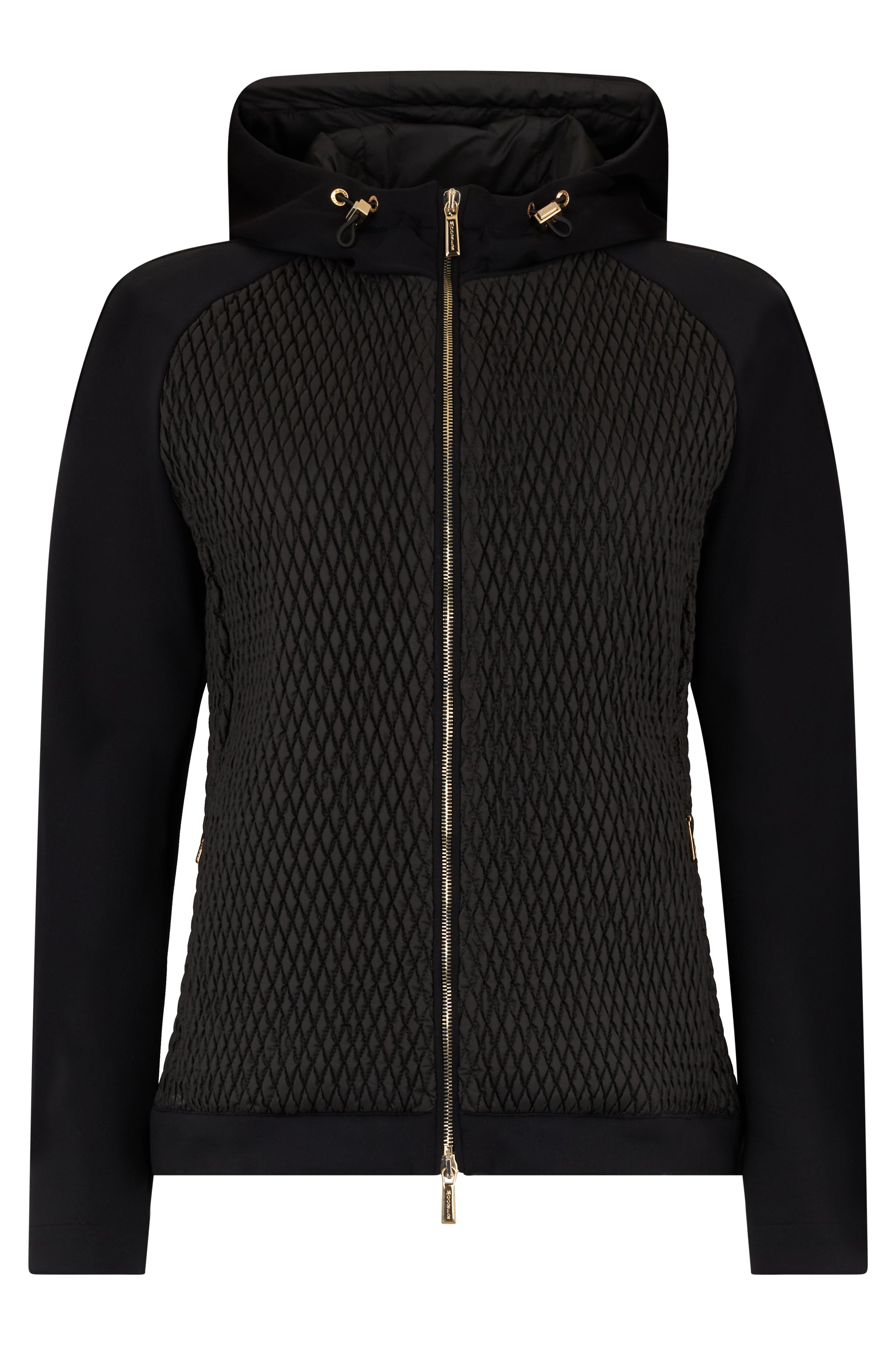 Black jacket with hood, comfortable and stylish.