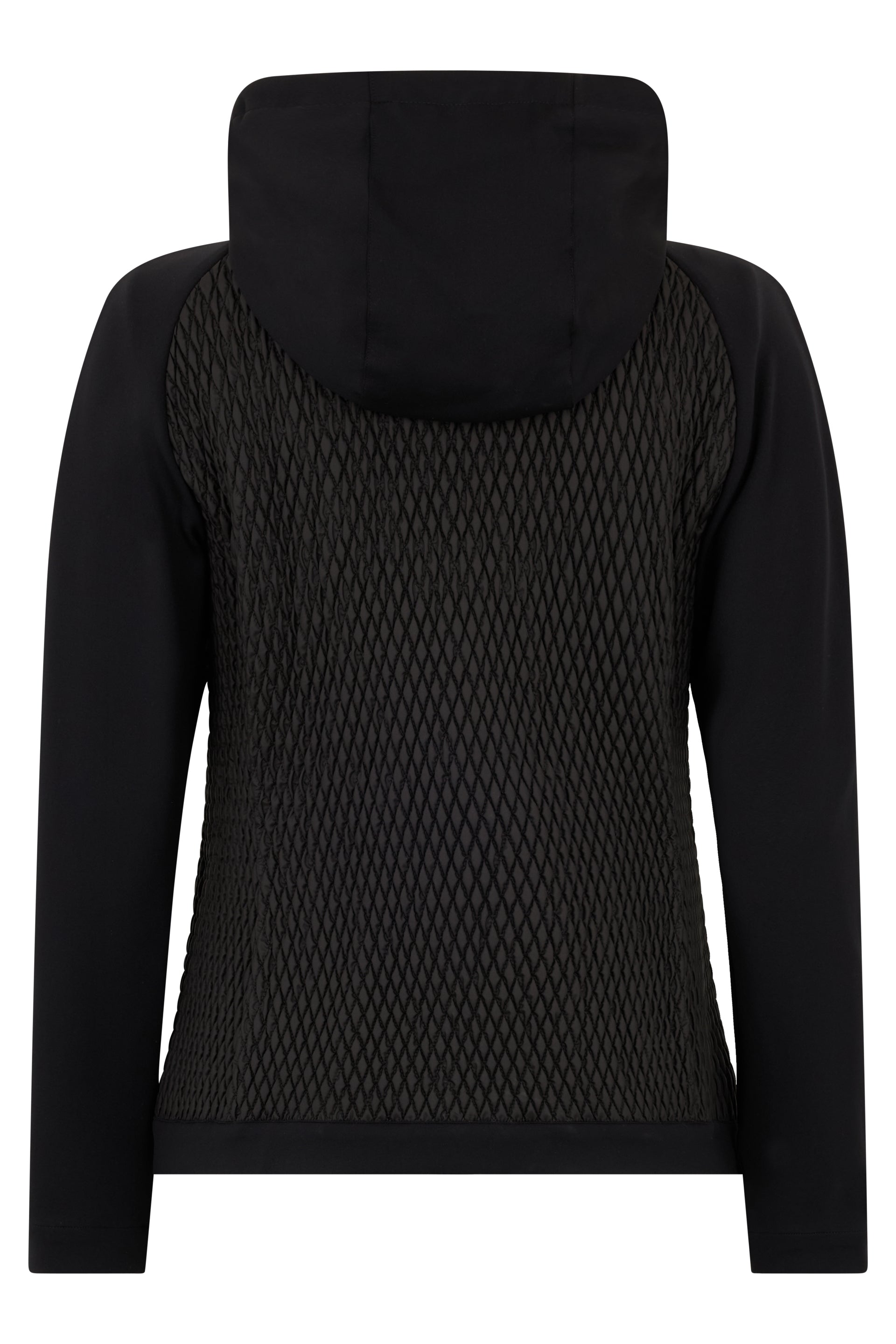 Black jacket with hood, comfortable and stylish.