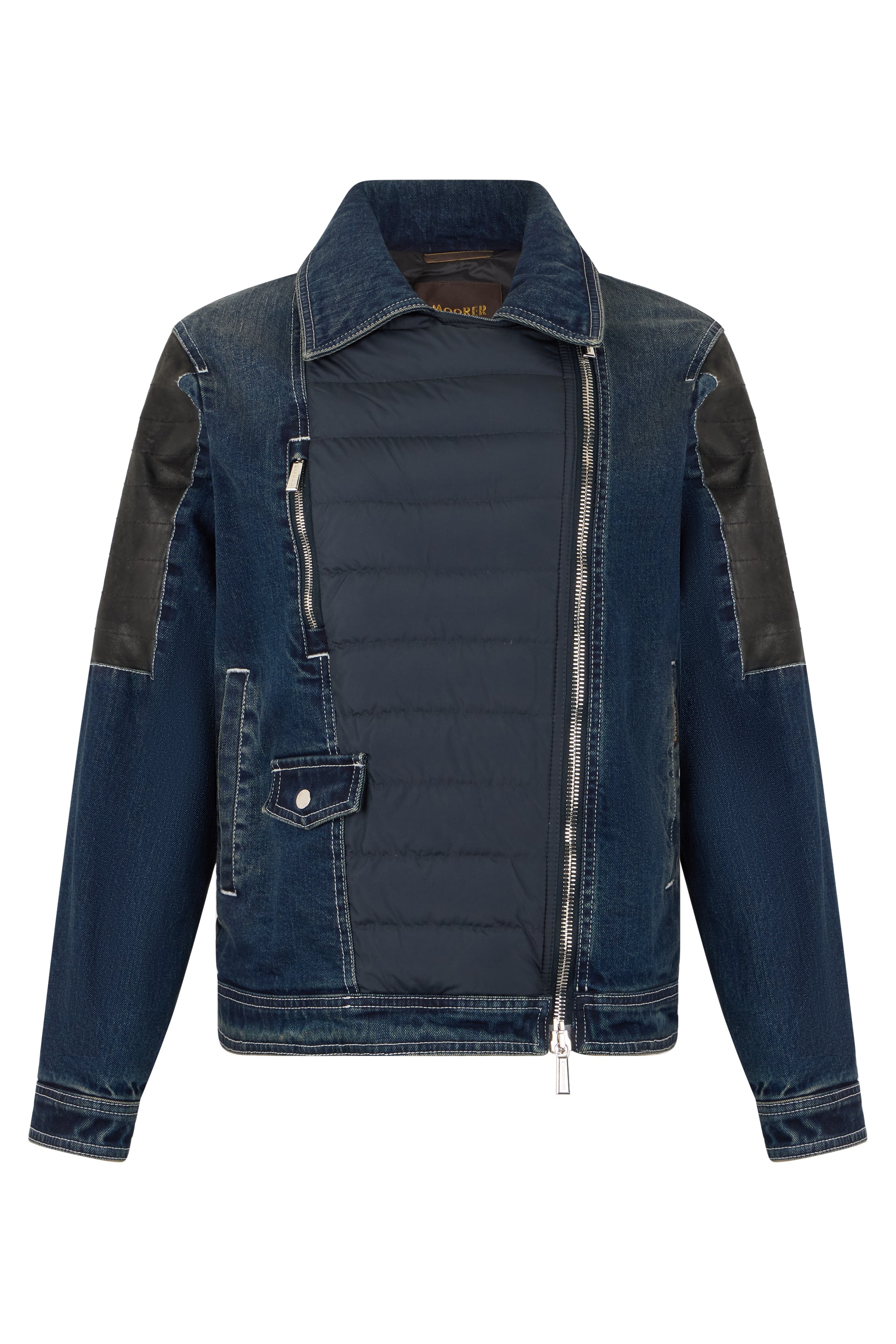 Padded jacket with inserts in dark blue denim