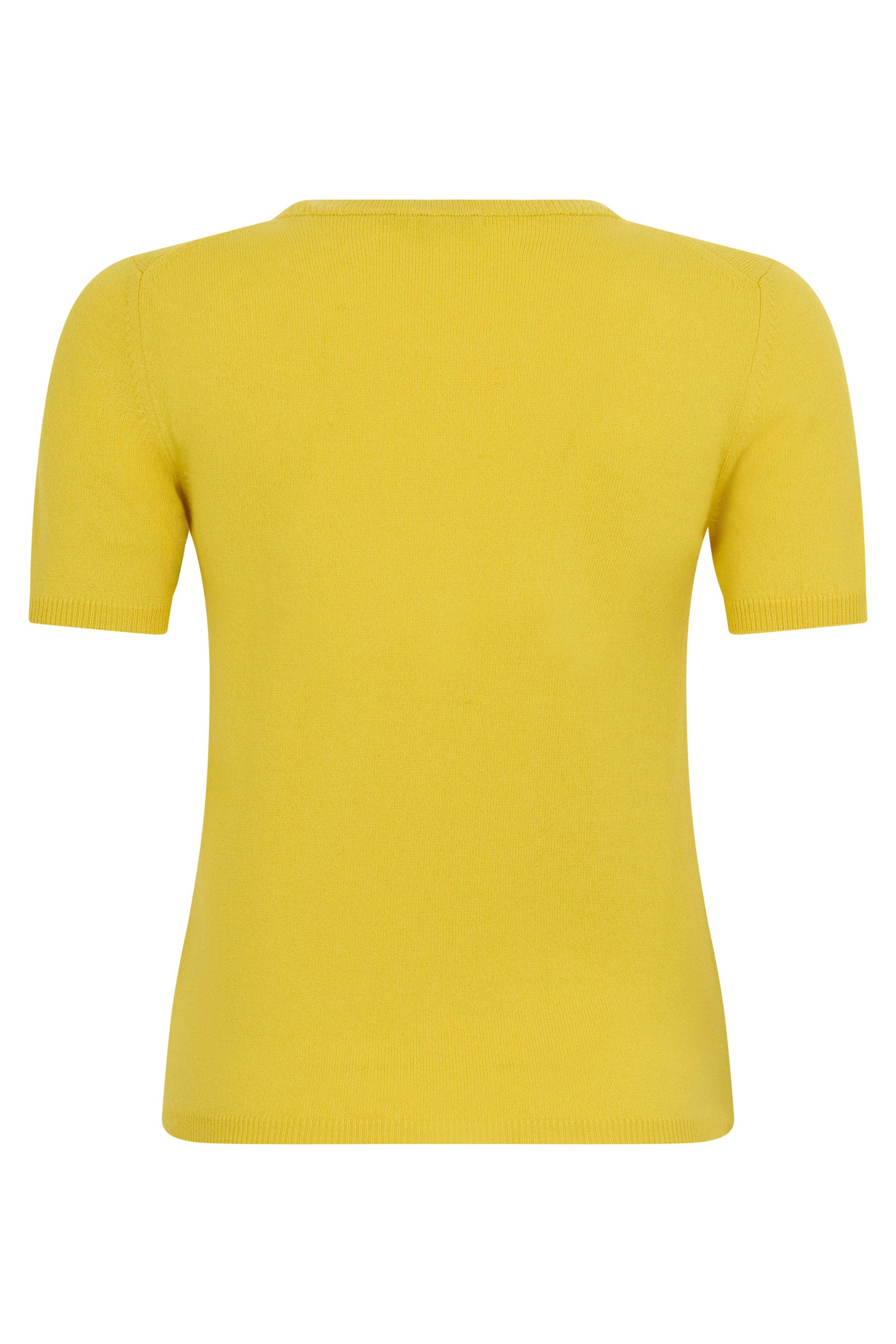 Yellow sweater with short sleeves and a round neck.