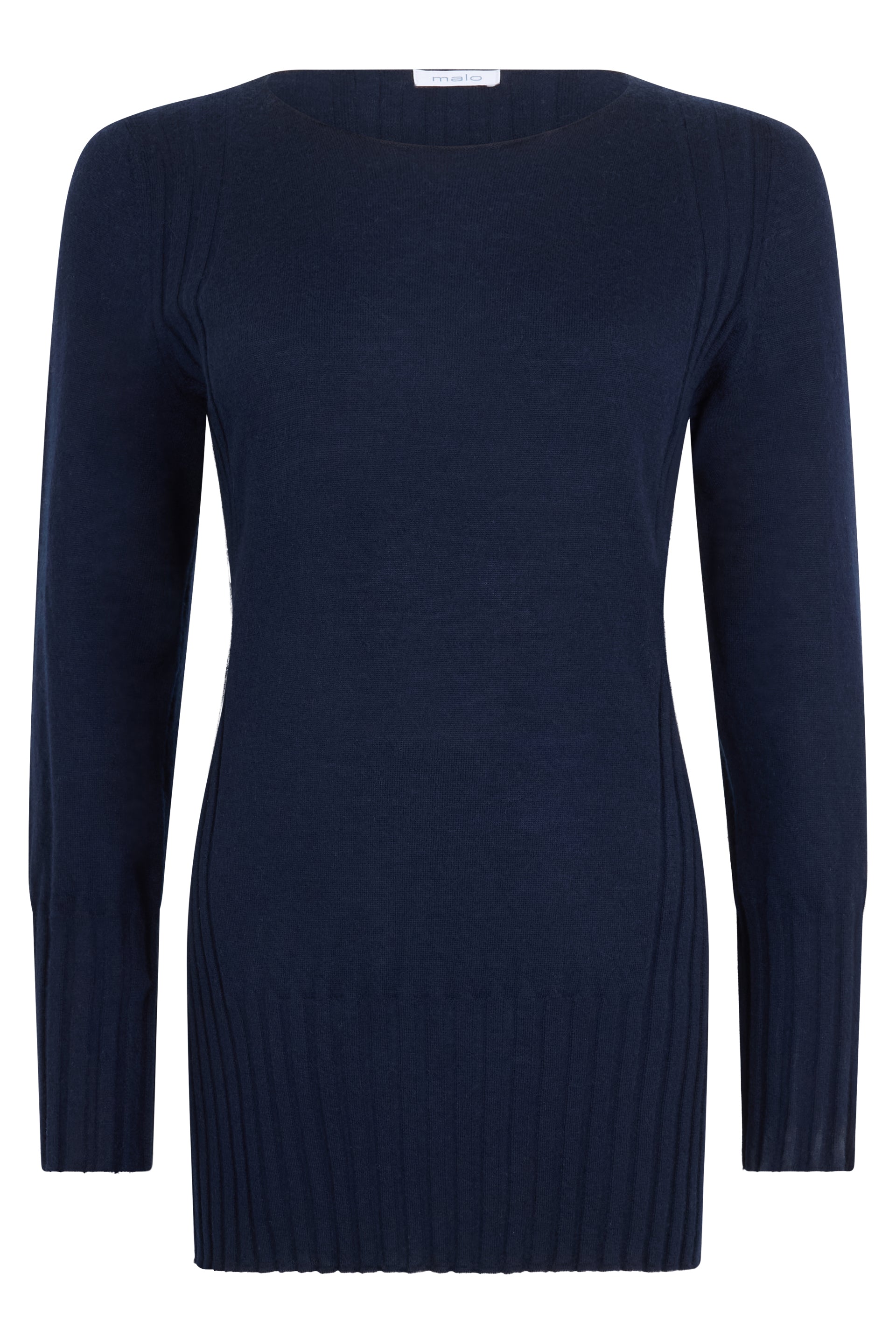 Dark blue sweater with long sleeves and elegant design.