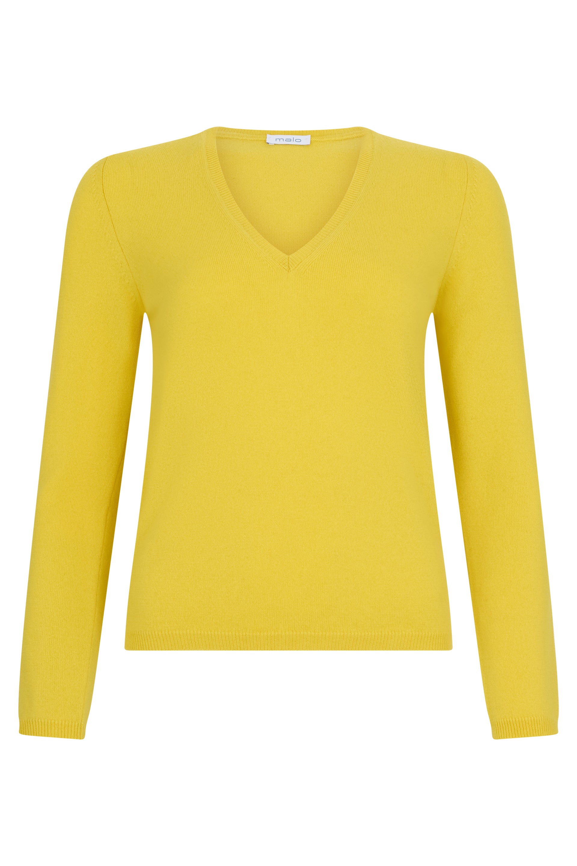 Yellow sweater with V-neck and long sleeves, ideal for a casual and fashionable look.