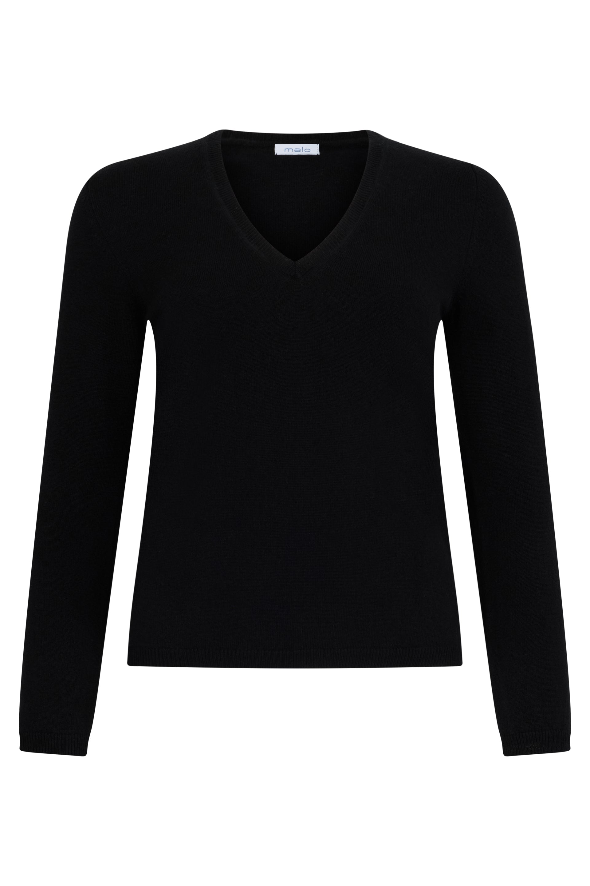 Black sweater with long sleeves and a V-neck, comfortable and elegant.