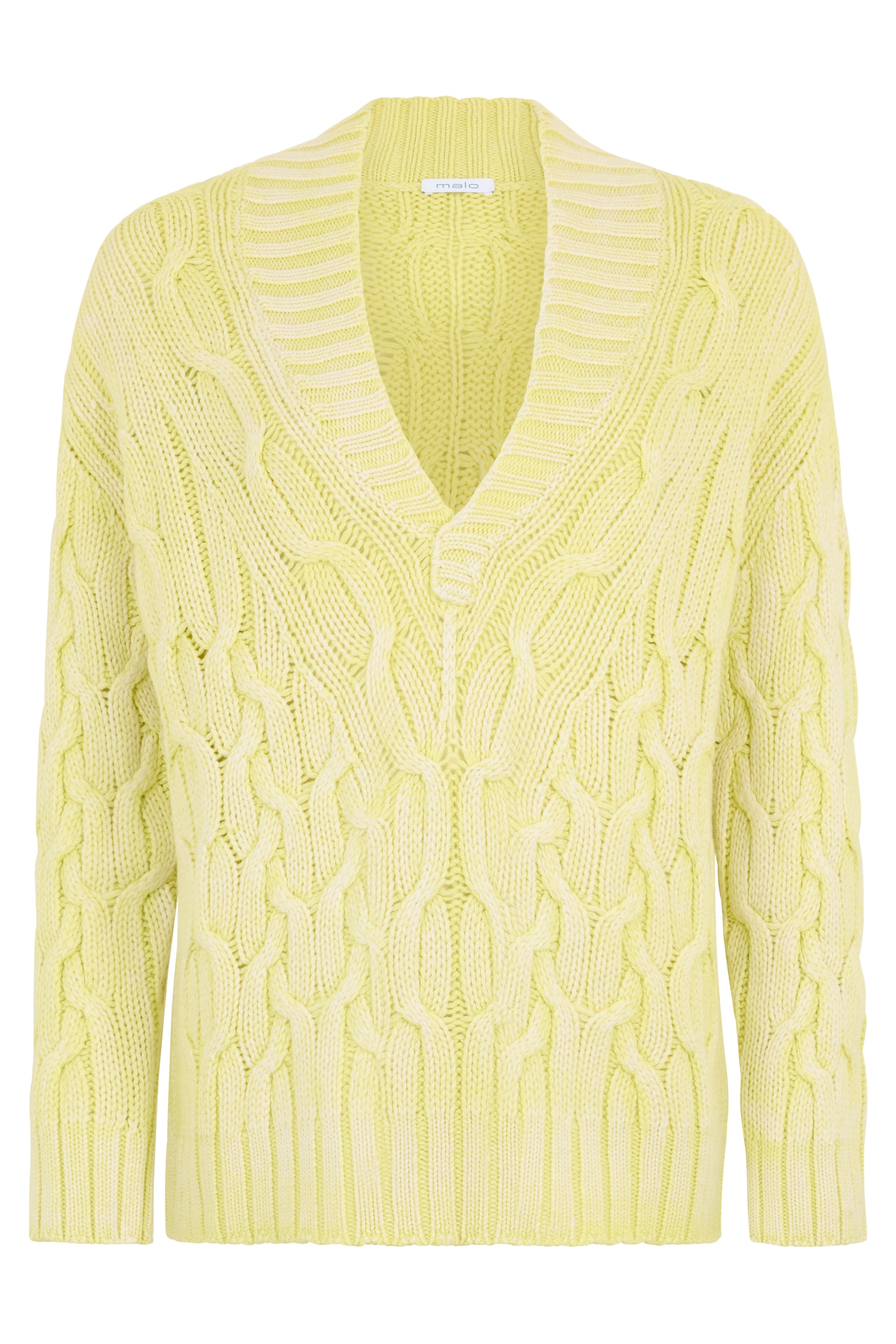 Yellow sweater with a V-neck and long sleeves, ideal for a comfortable and stylish look.