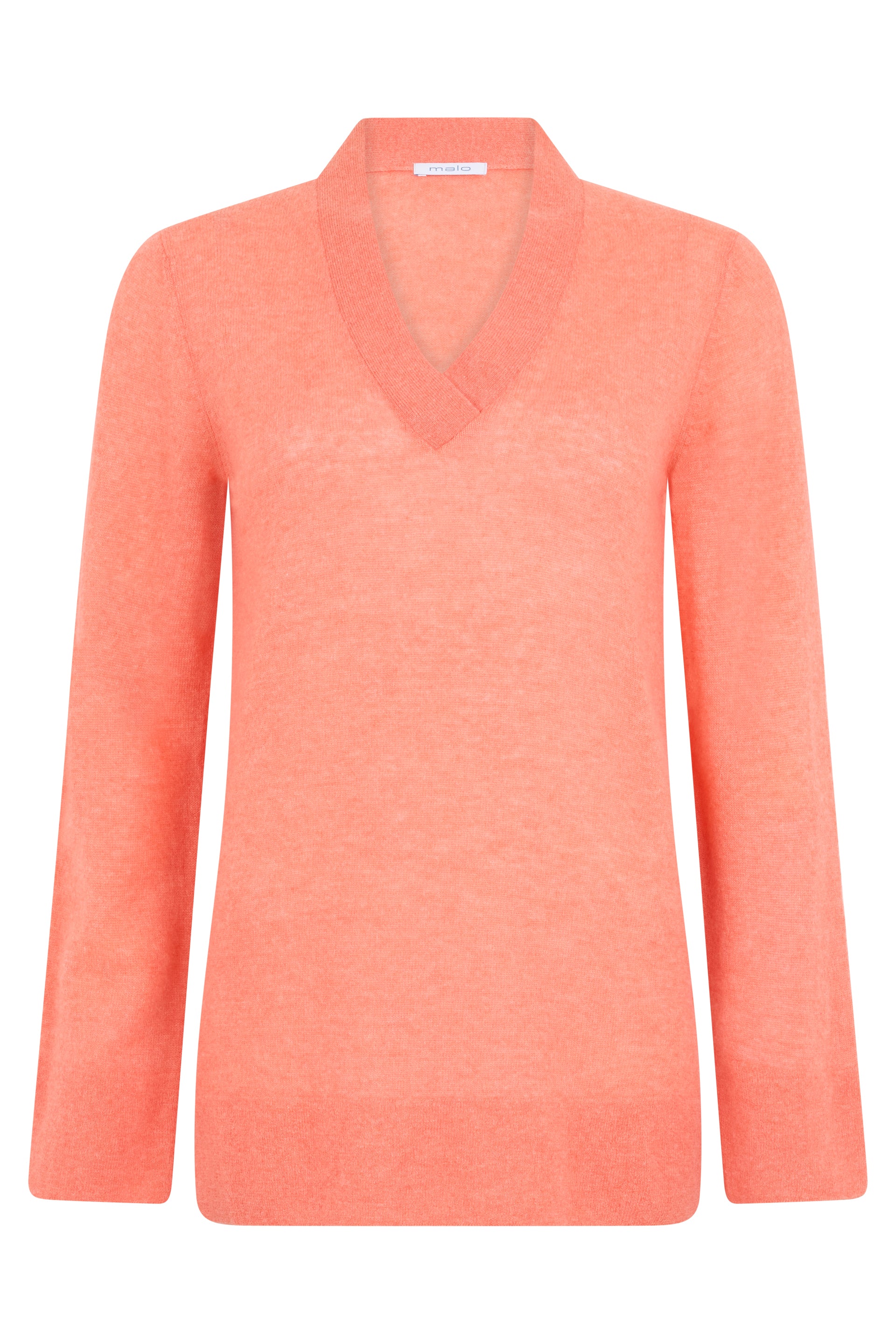 Light coral-colored sweater with melange pattern, V-neck, and straight long sleeves for a casual and fashionable look.