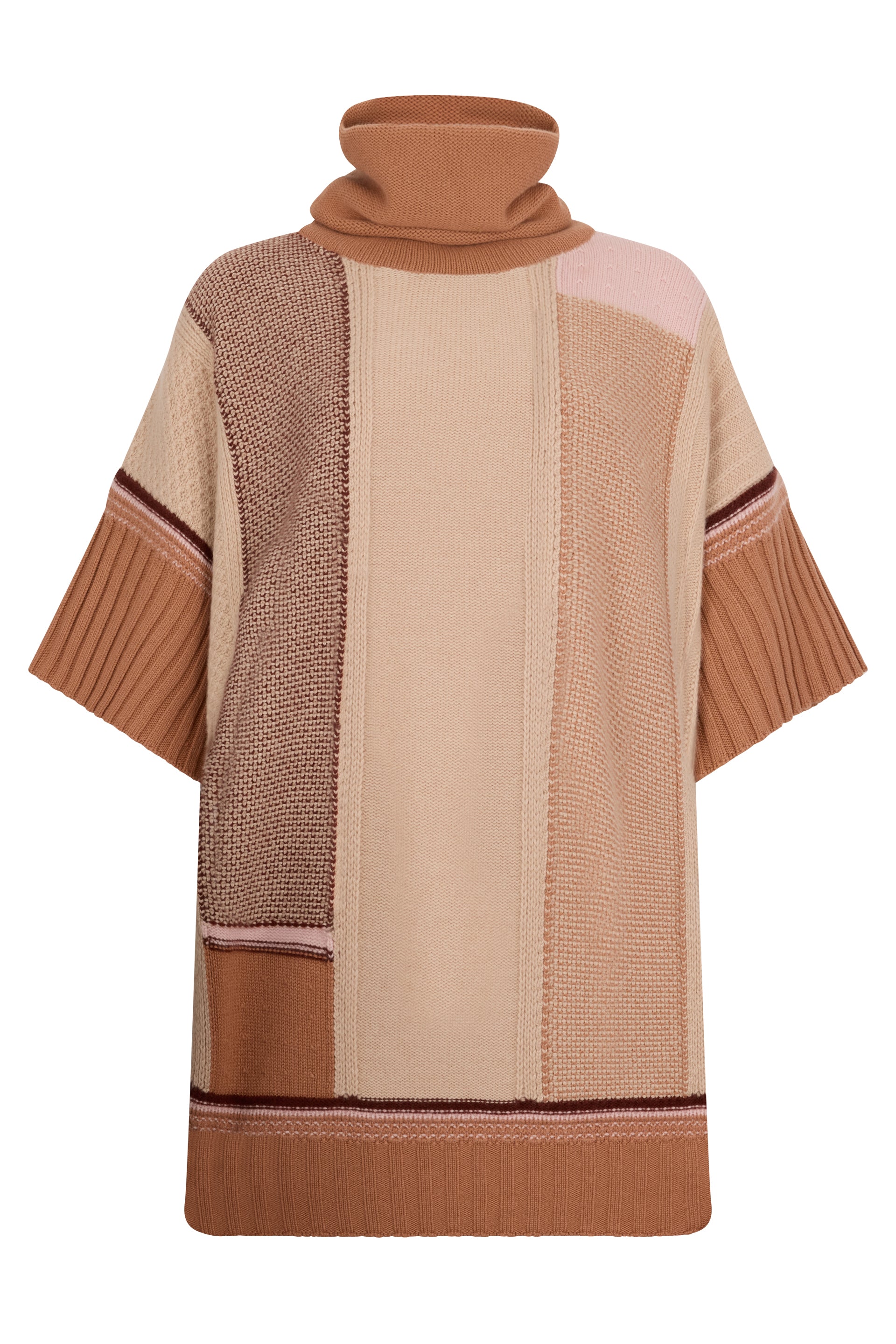 Oversized sweater with a high collar and short sleeves in shades of beige and brown, ideal for a casual and comfortable look.