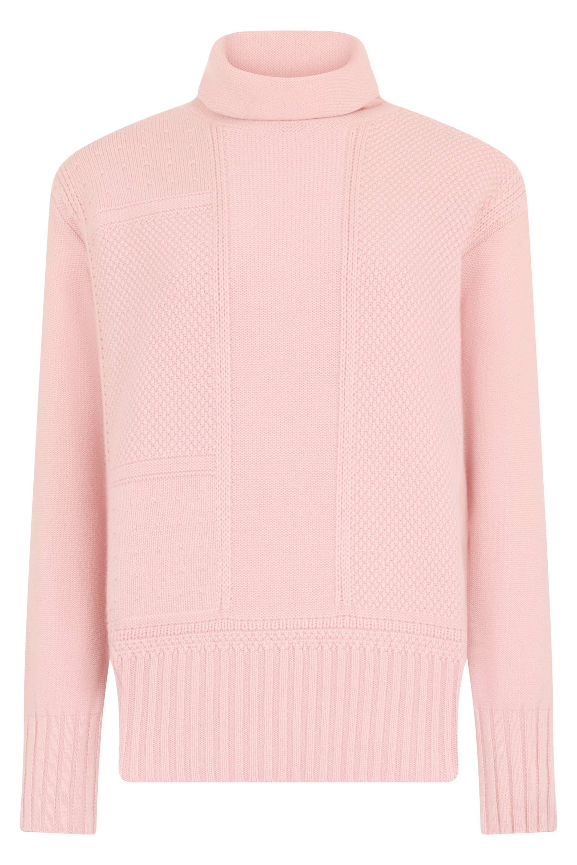 Pink sweater with high collar and long sleeves in minimalist design.