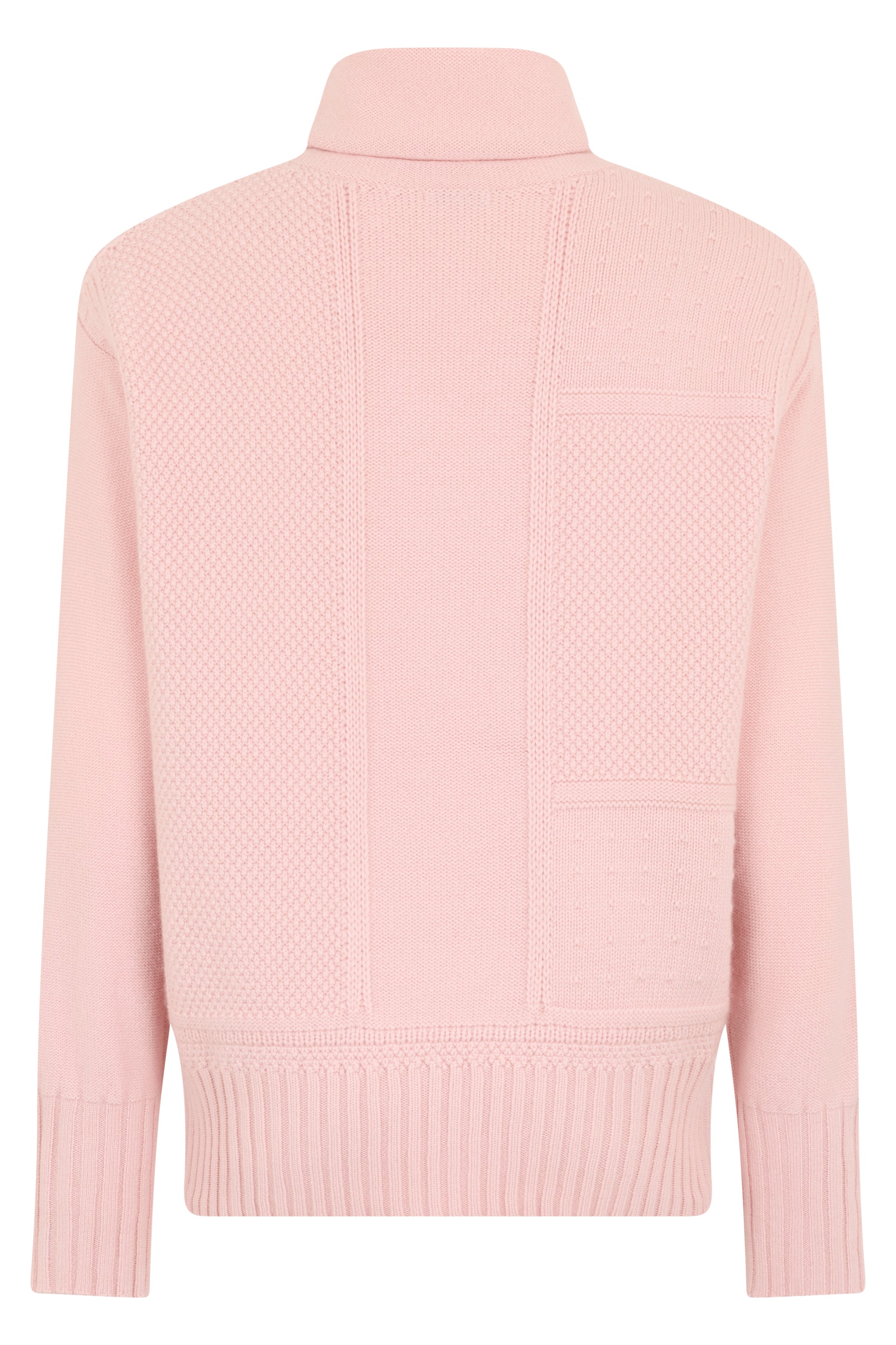 Pink sweater with high collar and long sleeves in minimalist design.