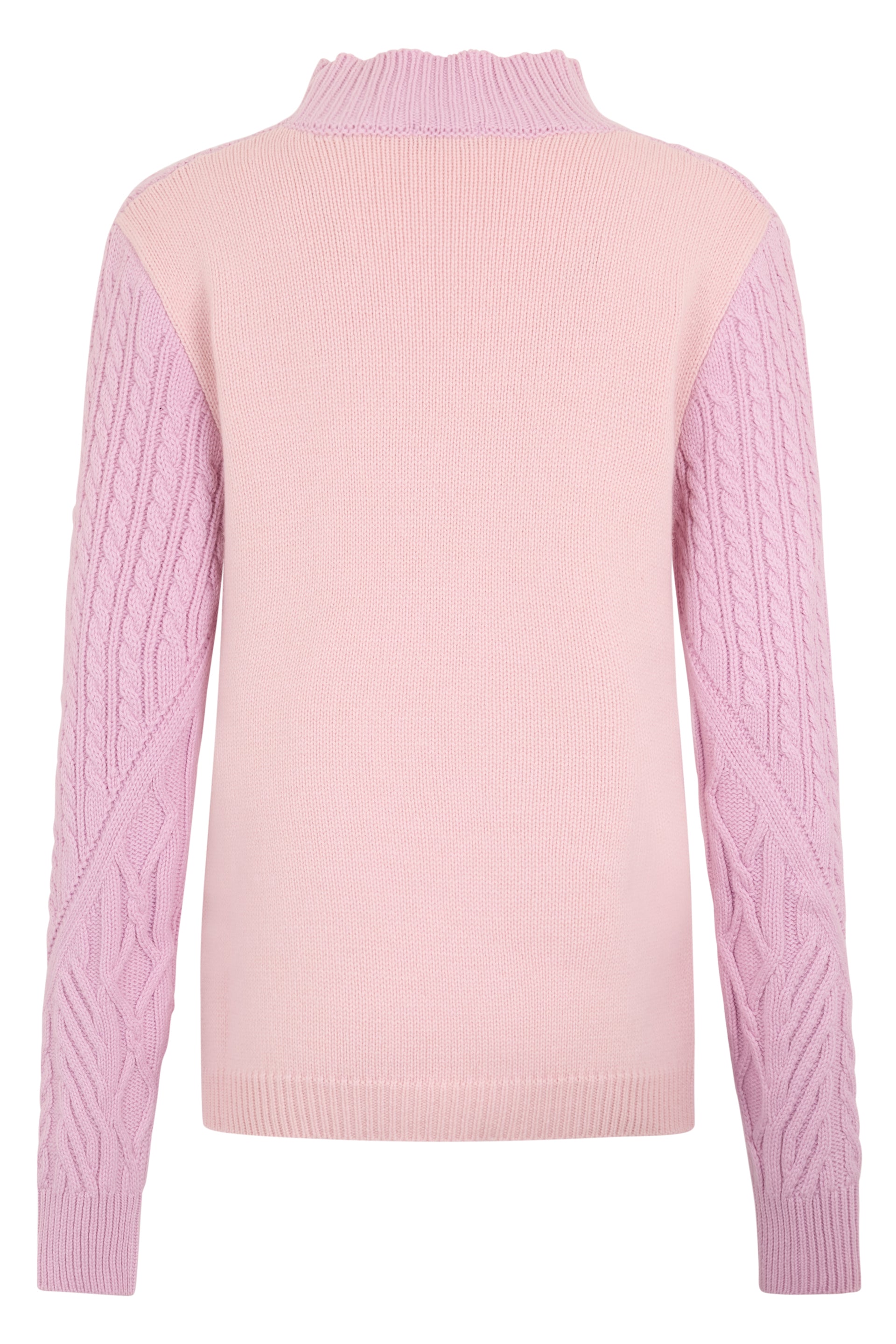 Light pink sweater with a semi-high collar and an elegant design.