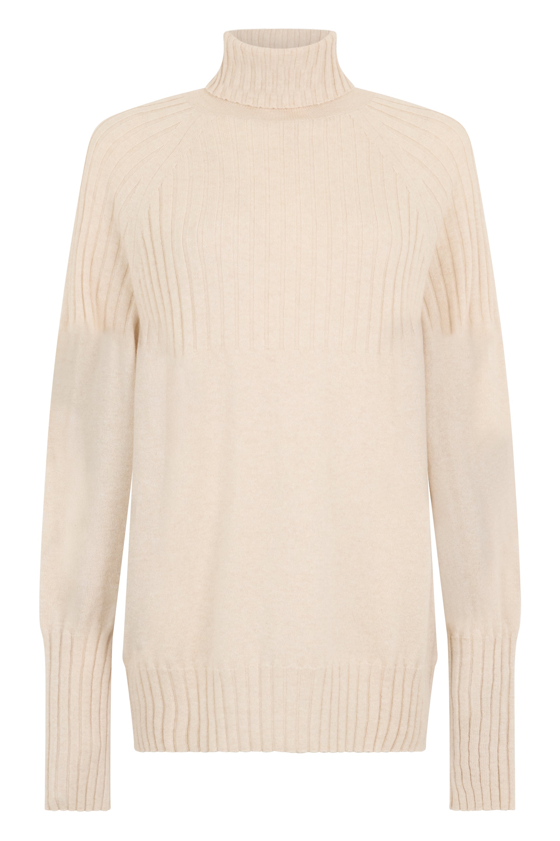 Light beige sweater with a high collar and long sleeves, characterized by a ribbed pattern.