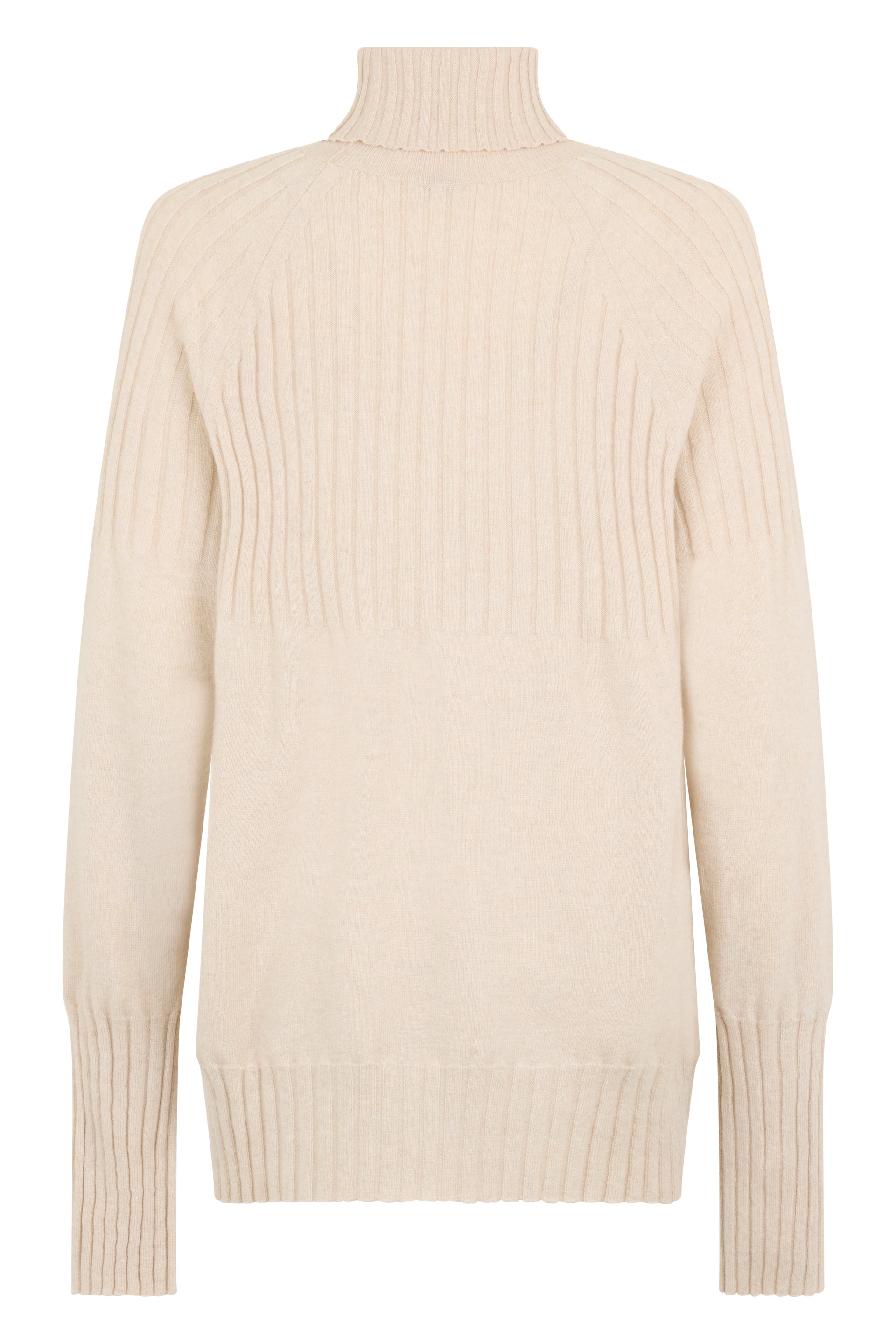 Light beige sweater with a high collar and long sleeves, characterized by a ribbed pattern.