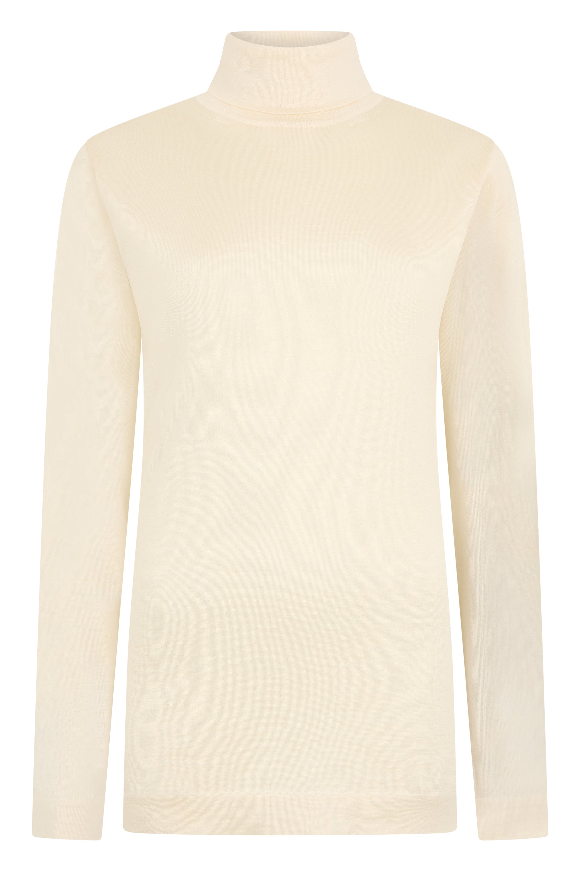 Sand-colored sweater with high collar and long sleeves, perfect for a casual look.