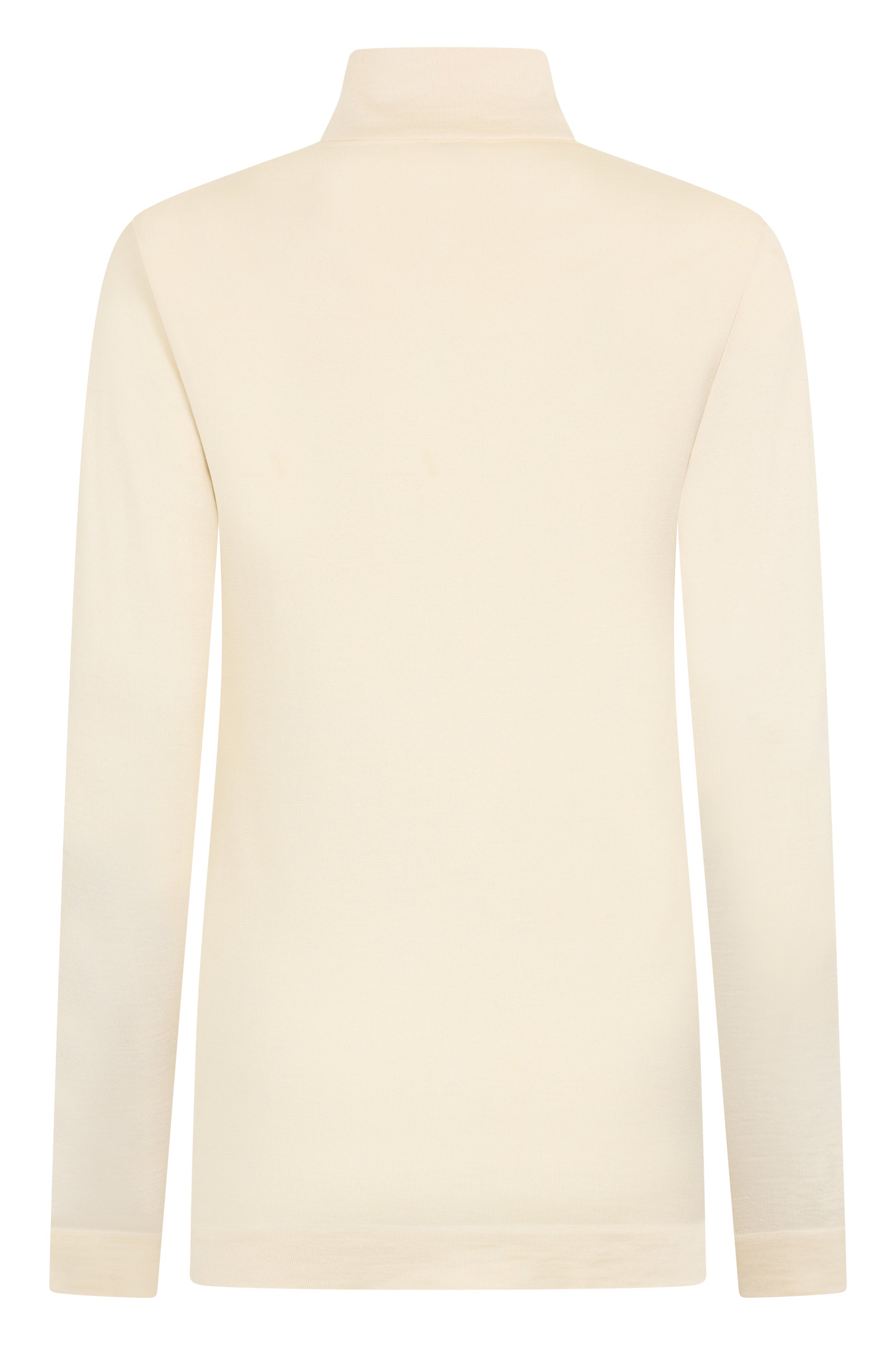 Sand-colored sweater with high collar and long sleeves, perfect for a casual look.