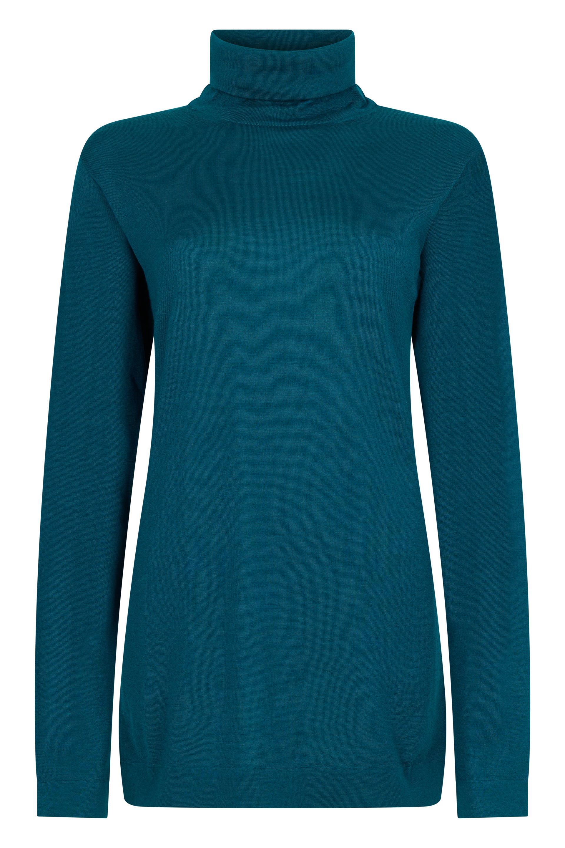 Petrol blue sweater with high collar and long sleeves, perfect for a comfortable and stylish look.