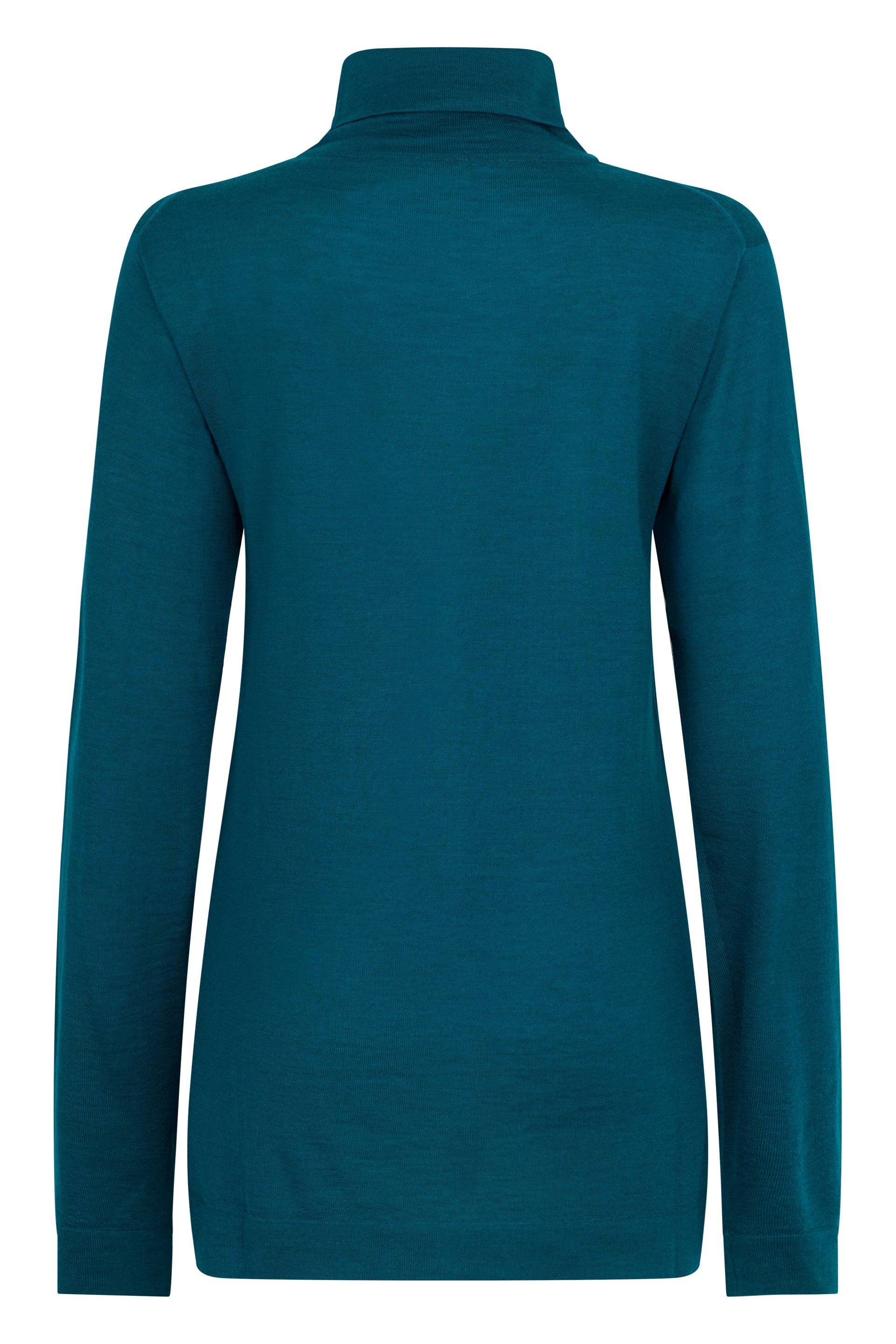 Petrol blue sweater with high collar and long sleeves, perfect for a comfortable and stylish look.