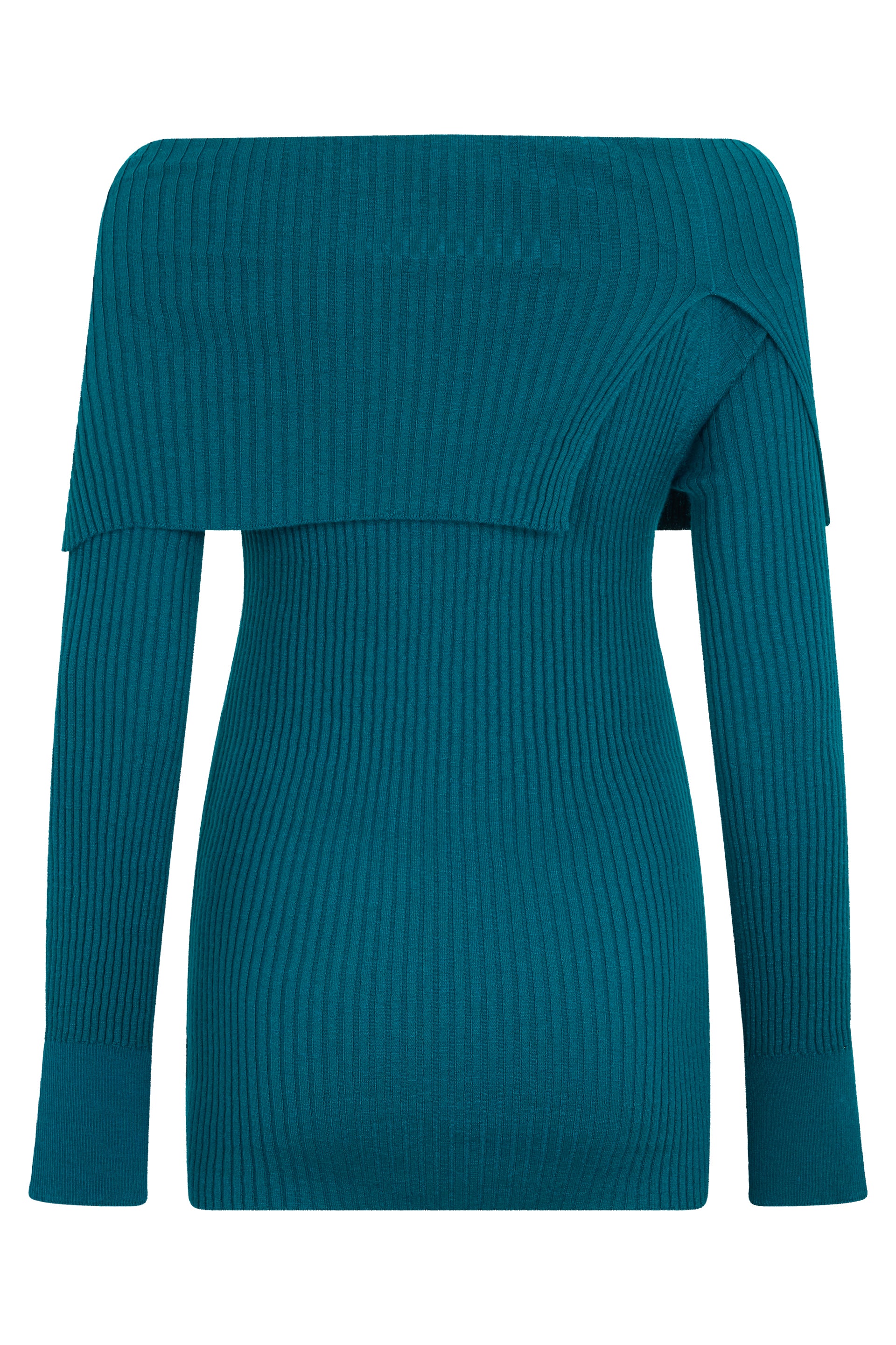 Petrol blue sweater with open shoulders and elegant design.