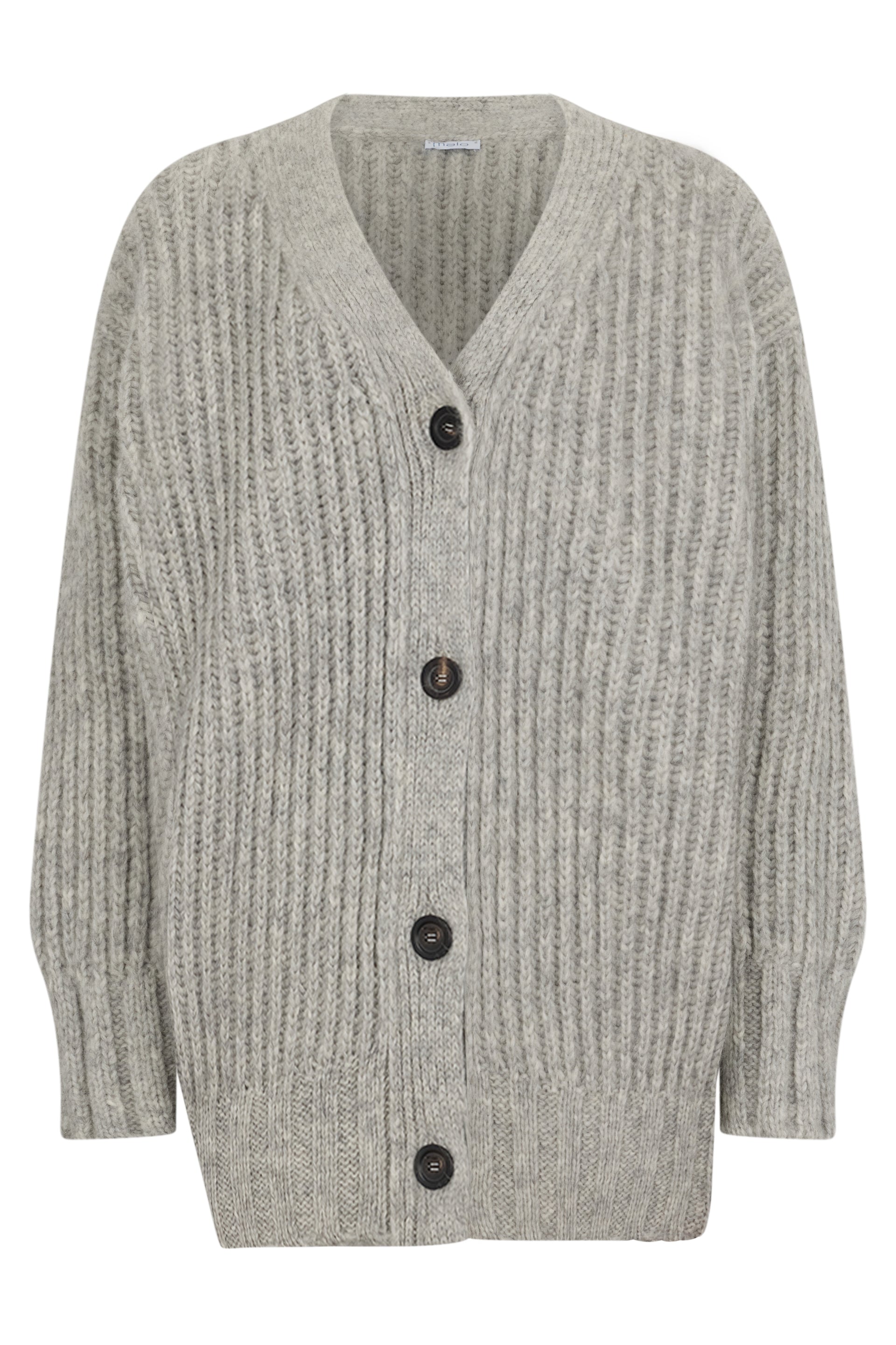 Oversized gray cardigan with button closure and melange pattern.