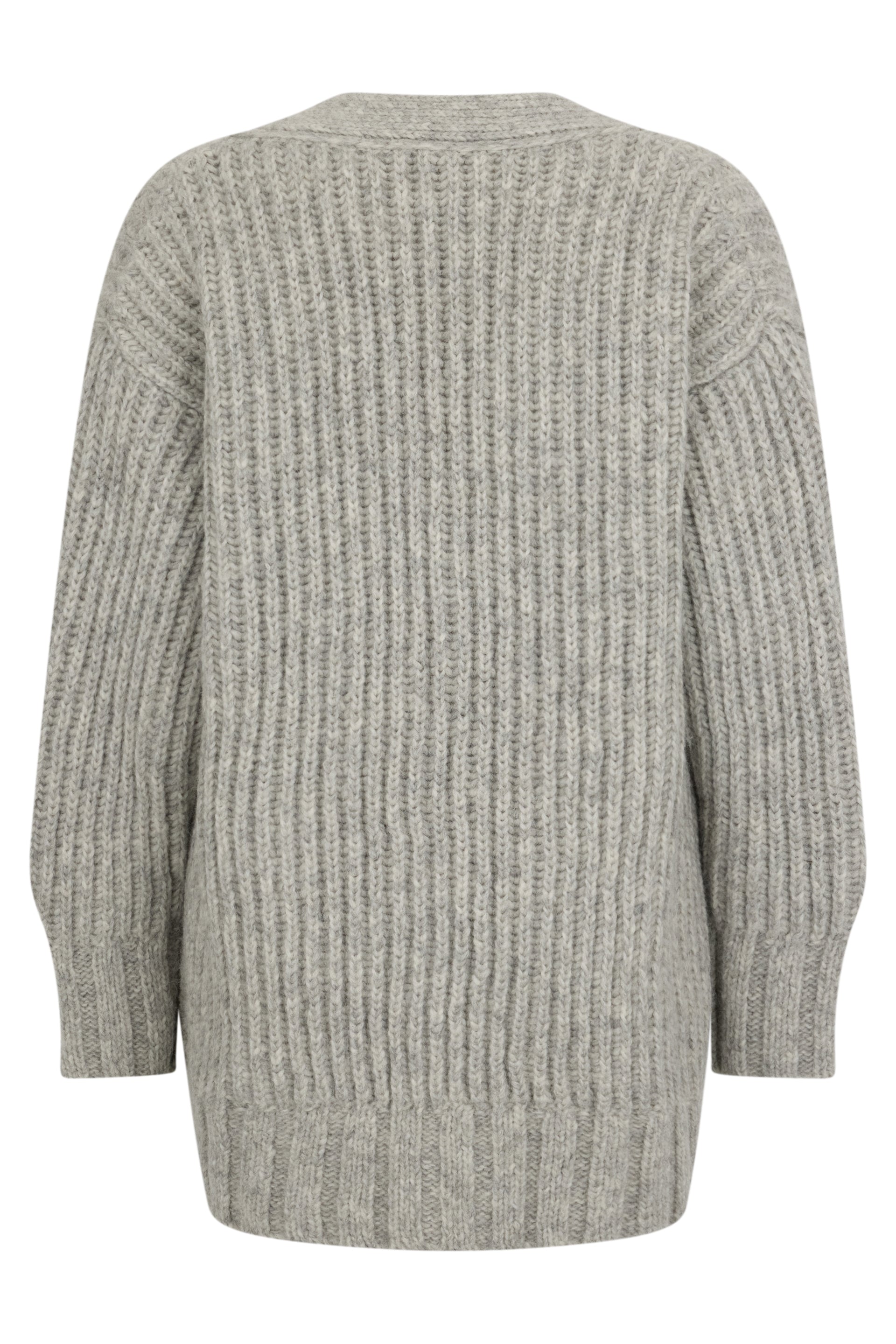 Oversized gray cardigan with button closure and melange pattern.