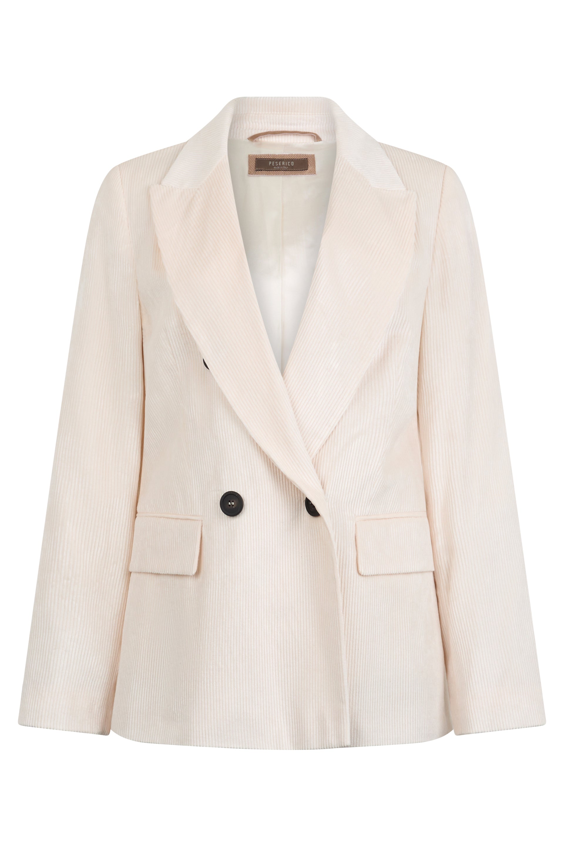 Double-breasted jacket in sand color with minimal and elegant design.