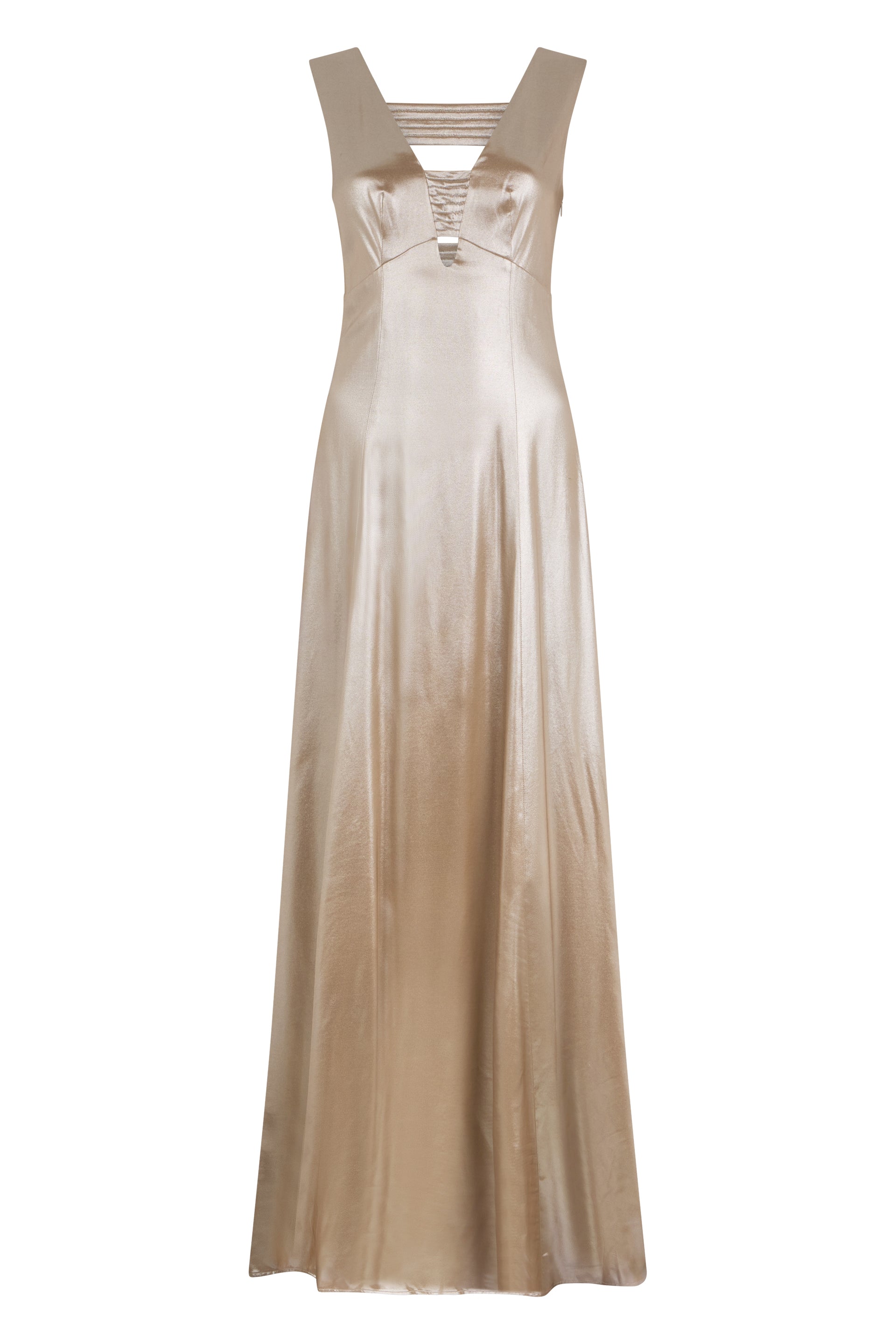 Long beige dress in a soft satin fabric with a minimal and elegant design.