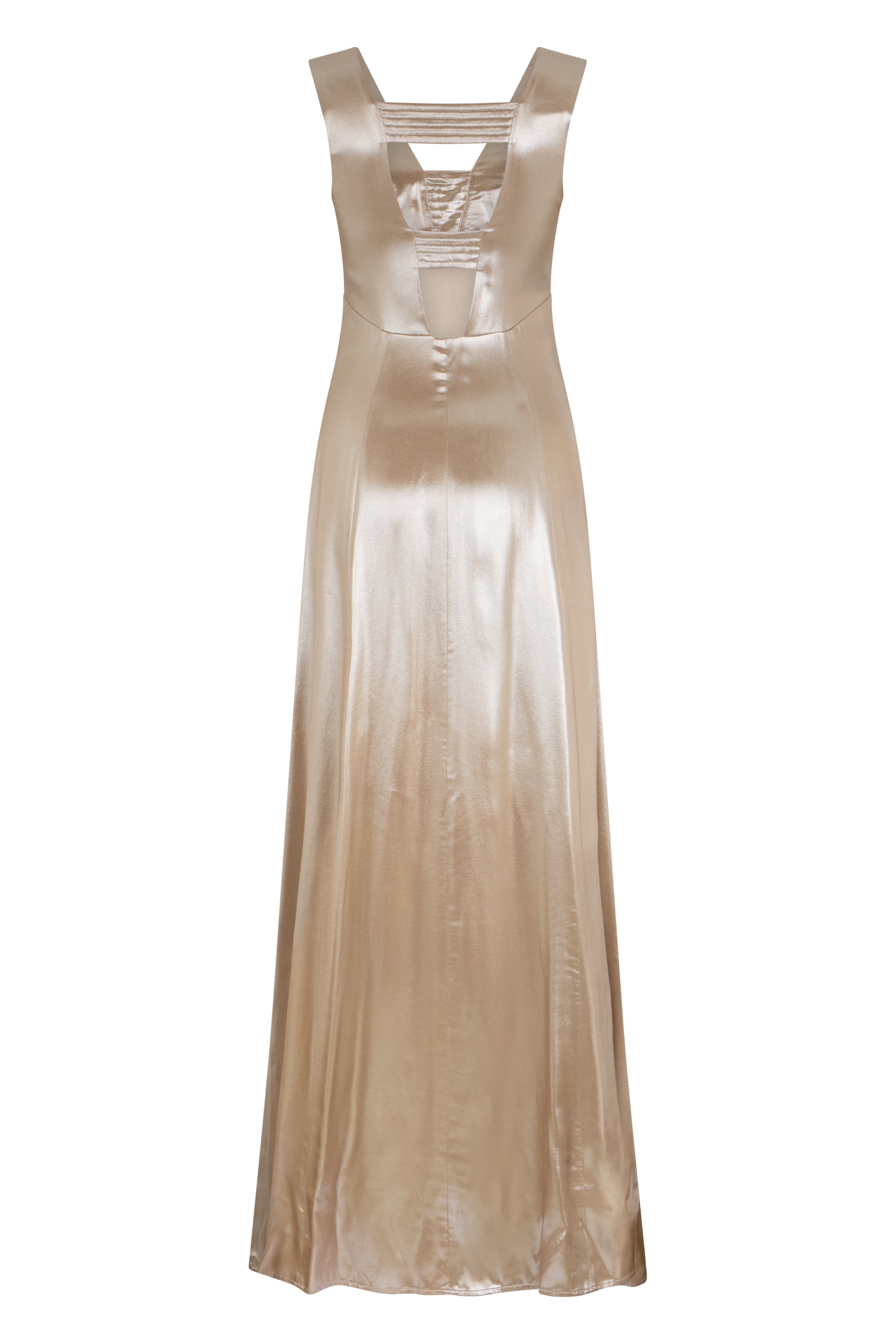 Long beige dress in a soft satin fabric with a minimal and elegant design.