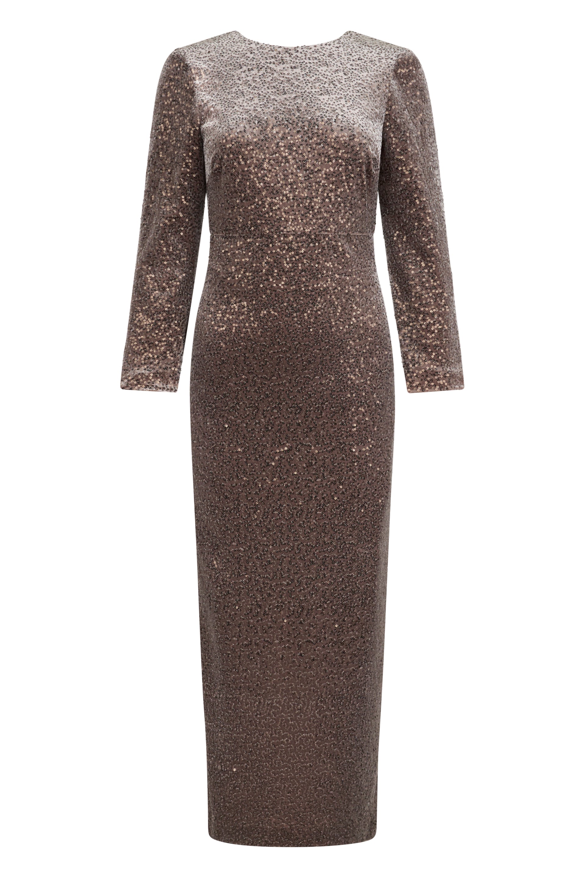 Long fitted dress with sequins and elegant design.