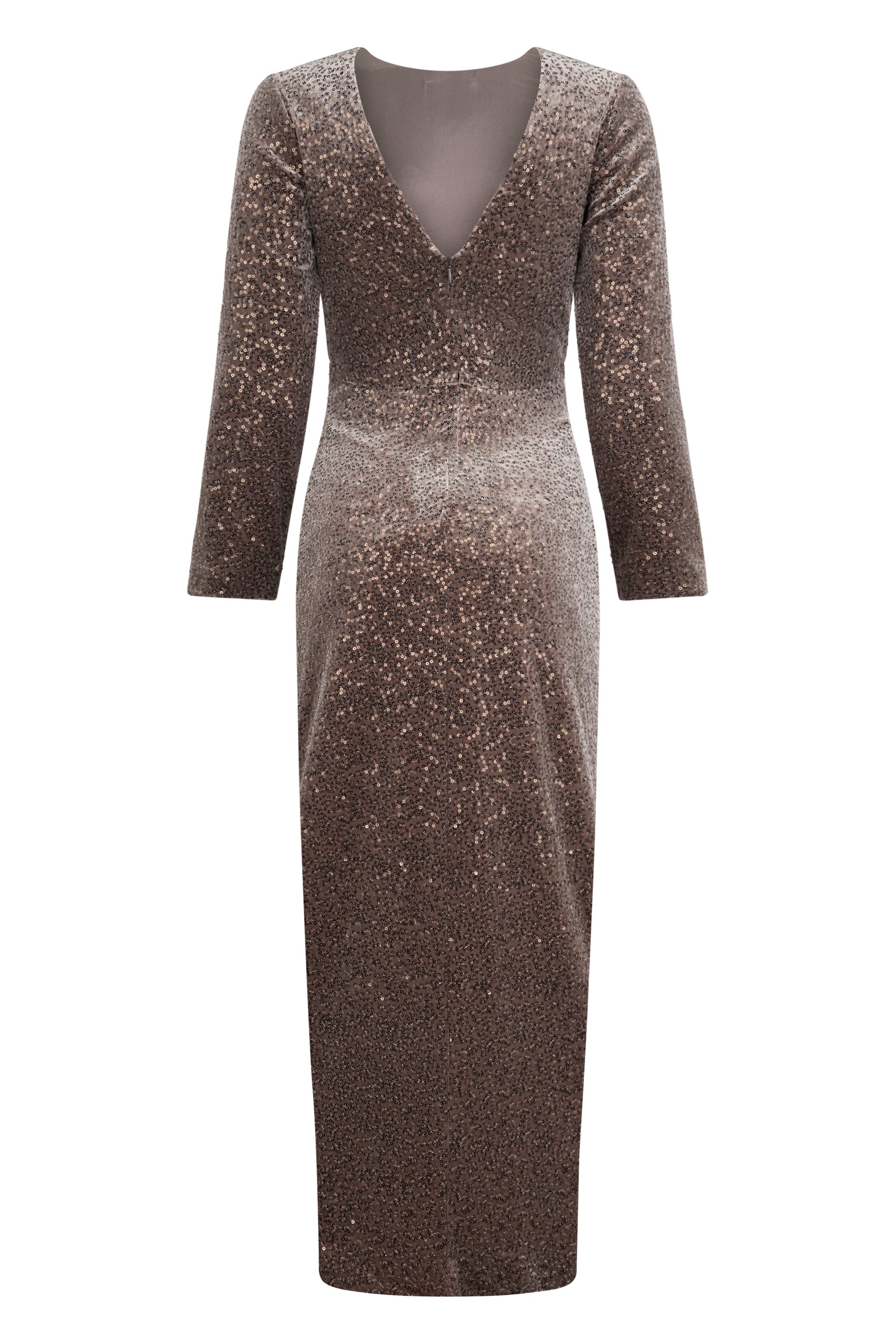 Long fitted dress with sequins and elegant design.