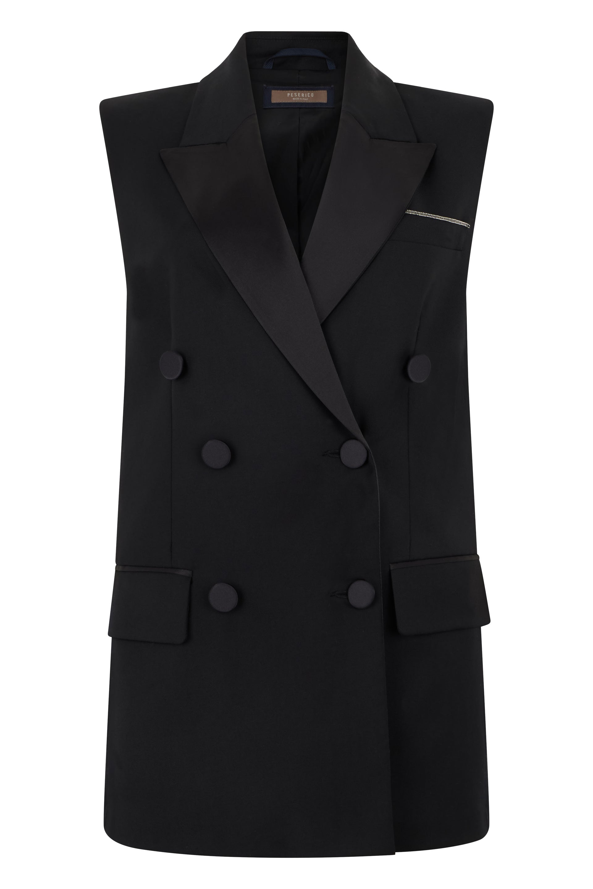Black blazer without sleeves with an elegant and sophisticated design.