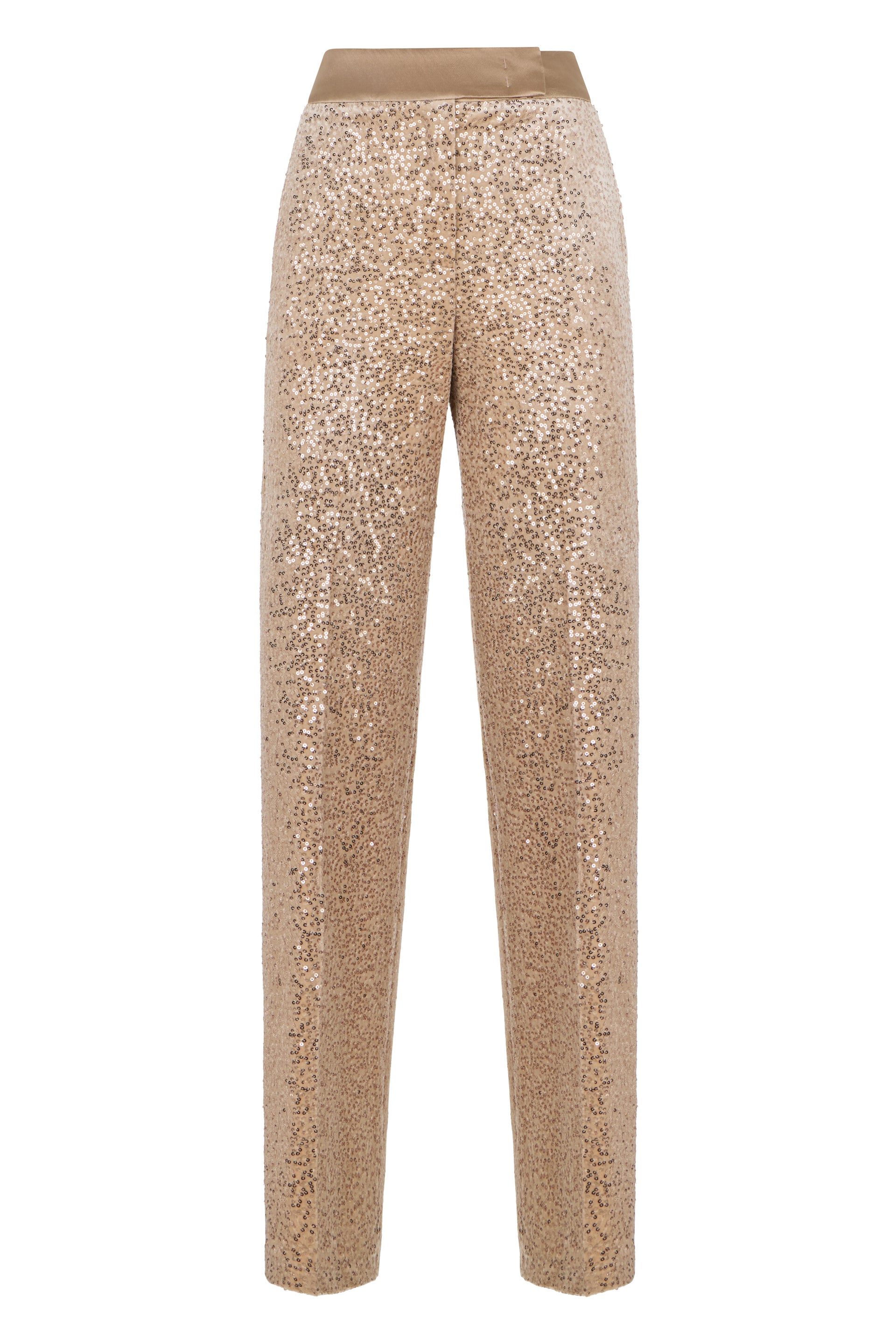 Beige high-waisted trousers embellished with sequins that add light and elegance to the garment.