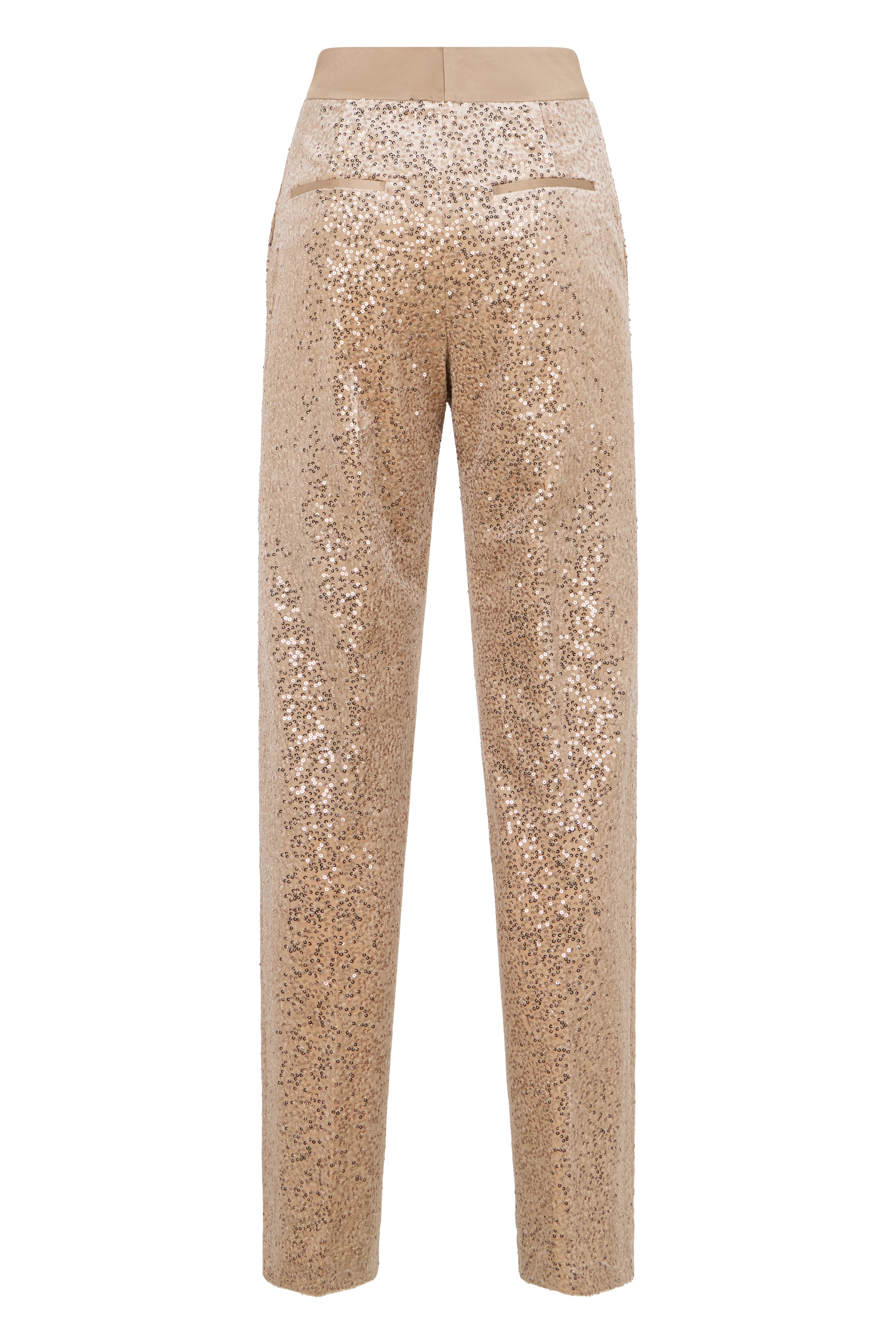 Beige high-waisted trousers embellished with sequins that add light and elegance to the garment.