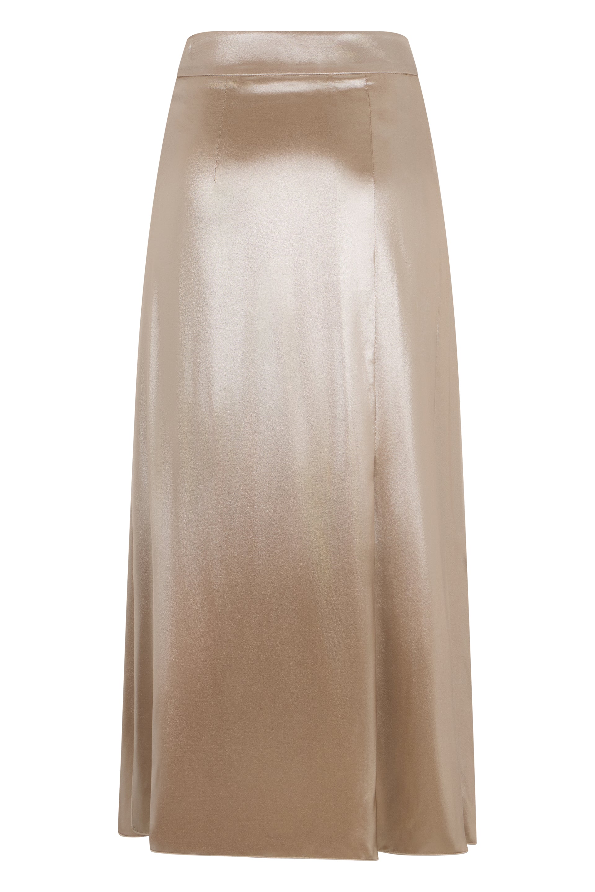 Beige dress long to the knee at high waist with minimal and elegant design.