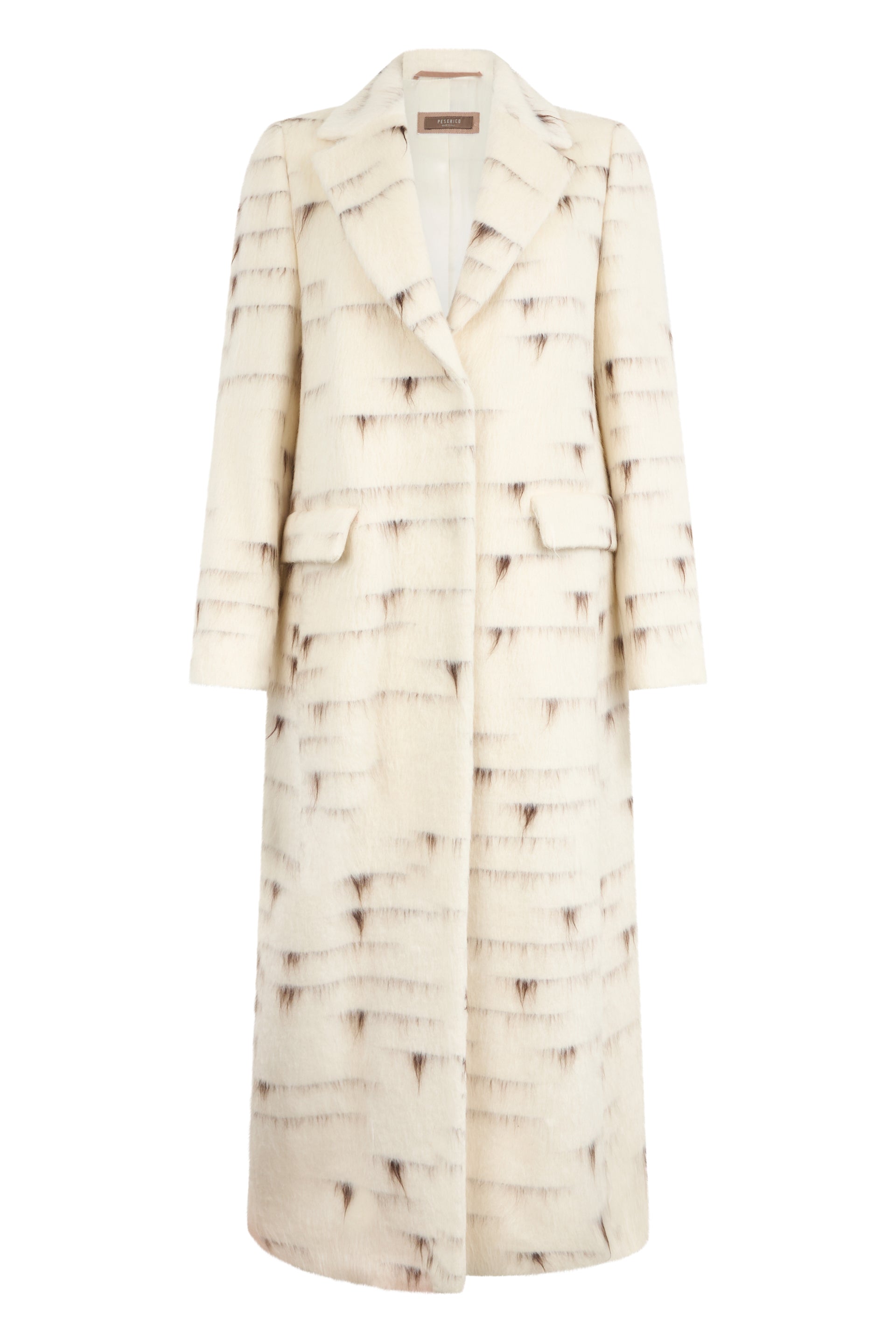 Elegant long coat with intricate print.